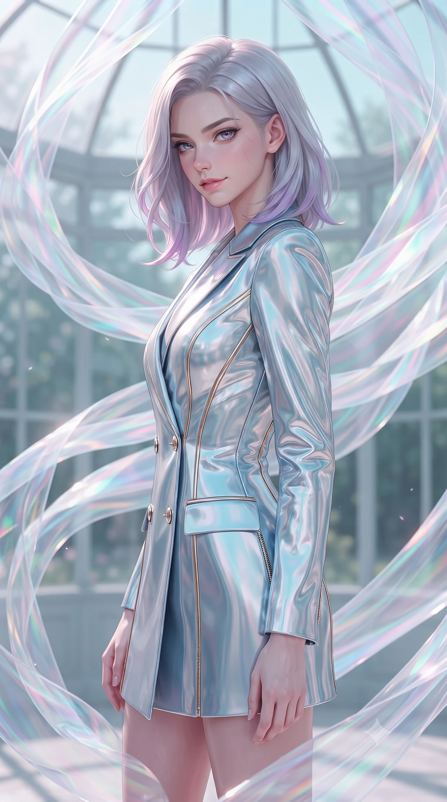 score_9, masterpiece, best quality, ultra-detailed, high-budget anime keyframe, editorial fashion photography, tasteful artistic composition, Caucasian woman. close-up cowboy shot from the waist and thighs up, the character dominates the composition, filling the frame with her large presence, background elements kept in soft focus. Glancing sidelong over her shoulder with a smoldering half-smile, standing inside a glass pavilion draped in floating ribbons of iridescent holographic organza, editorial fashion presence with ethereal movement trails. She has an exceptionally elegant, slender, and willowy female figure with an ultra-slim waist, a gracefully sculpted slender torso, and a refined silhouette. sharp v-shaped jawline, high-bridge nose, intricate jewel-like eyes with depth, thick eyelashes, glossy lips with a natural sheen. wearing tailored double-breasted opal white blazer dress in sky blue turquoise, made of sculpted platinum chrome, finished with metallic gold boning and sleek zipper points, contouring every curve with an exceptionally elegant silhouette. bathed in soft airy daylight with pastel turquoise and magenta highlights. ultra-reflective glossy finish, specular highlights, metallic sheen, high-contrast stereoscopic depth, volumetric dynamic lighting, 2k, ultra detail, master piece, 9:16 ratio