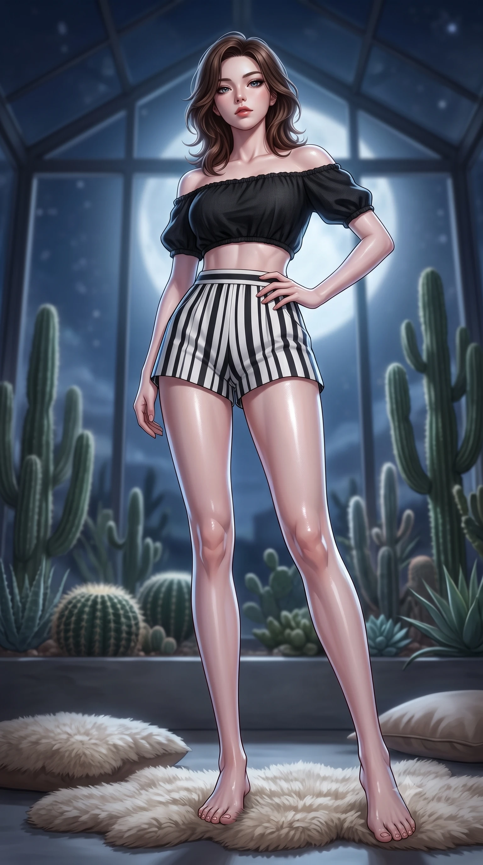 score_9, masterpiece, best quality, ultra-detailed, high-budget anime keyframe, editorial fashion photography, tasteful artistic composition, Korean woman. low angle full-body shot from head to toe showing her feet, filling the entire 9:16 vertical frame with her statuesque presence, stretching her vertical silhouette. posing confidently with one hand on her hip, stretching her statuesque body to emphasize her curves the background shows a soft-focus a glass-walled observatory filled with cacti and soft sheepskin rugs at night. She has an absolutely perfect, statuesque 8.5-heads proportion, an exceptionally tall and slender model-like female figure with impossibly long slender legs and an ultra-slim waist. sharp v-shaped jawline, high-bridge nose, intricate jewel-like eyes with depth, thick eyelashes, glossy lips with a natural sheen. wearing a body-hugging chic off-shoulder crop top in black linen, paired with high-waisted striped resort shorts. soft silver moonlight wrapping her silhouette in a cool cosmic glow. ultra-reflective glossy finish, specular highlights, metallic sheen, high-contrast stereoscopic depth, volumetric dynamic lighting, 2k, ultra detail, master piece, 9:16 ratio