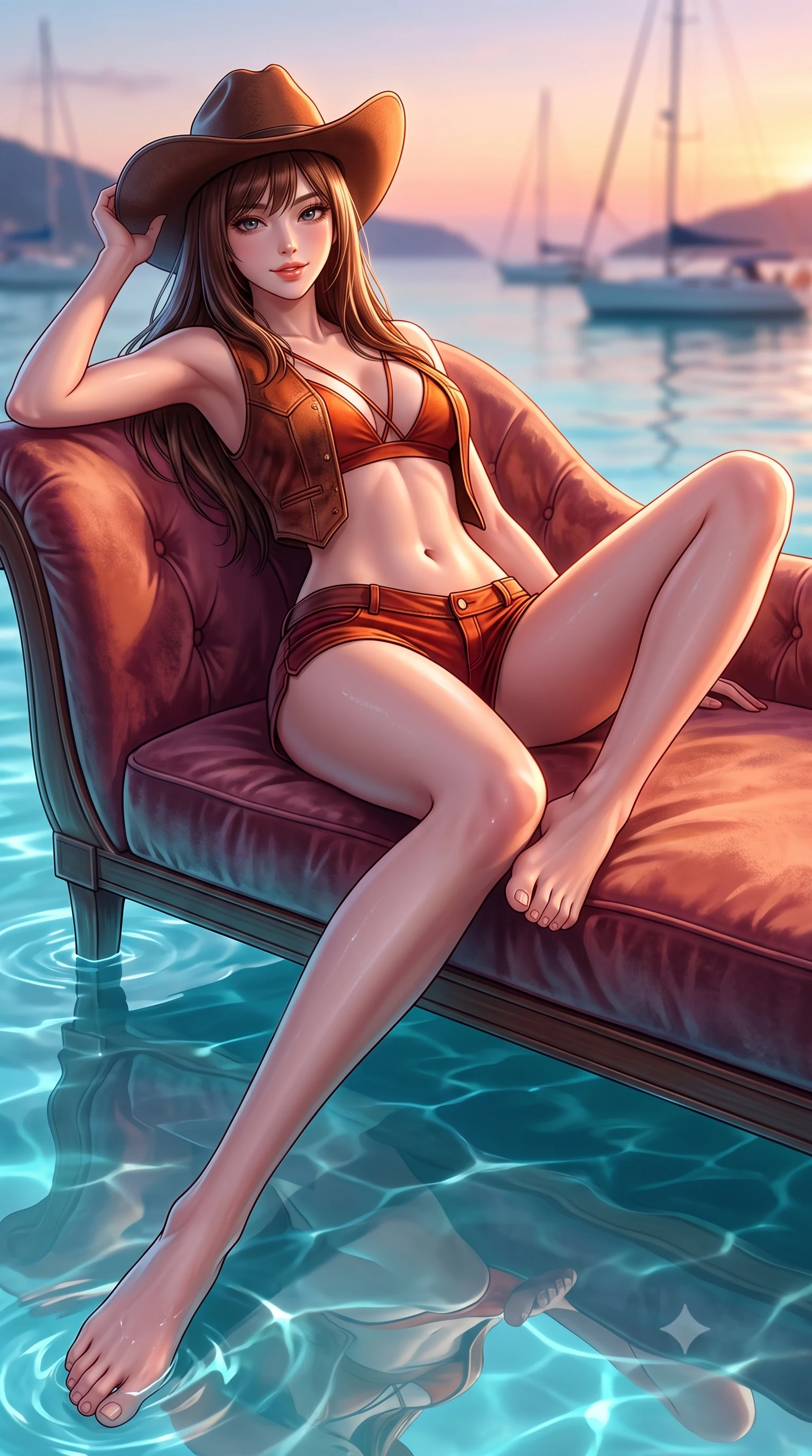 score_9, masterpiece, best quality, ultra-detailed, high-budget anime keyframe, semi-realistic 3D game render, editorial fashion photography, tasteful artistic composition, Korean woman. low angle full-body shot from head to toe showing her feet, filling the entire 9:16 vertical frame with her statuesque presence, stretching her vertical silhouette. reclining gracefully across the plush chaise lounge with one leg extended, her sculpted silhouette and flat midriff radiating magnetic nocturnal glamour while twisting her slender torso in an alluring contrapposto stance, crystal-clear lagoon water mirroring her narrow waist and rounded hips. The background shows a soft-focus distant sailing yachts softened in pristine Mediterranean island shallow focus. She has an absolutely perfect, statuesque 8.5-heads proportion, an exceptionally tall and slender model-like female figure with impossibly long slender legs, an ultra-slim waist, a flat toned midriff, narrow delicate ribcage, and beautifully sculpted feminine hips creating a graceful, slim hourglass silhouette without any bulky heaviness. sharp v-shaped jawline, high-bridge nose, sparkling eyes with hypnotic seductive depth, thick curled eyelashes, glossy parted lips with a natural dewy peach sheen, alluring bedroom-eyes with an enchanting coquettish smile, exuding magnetic siren charisma and sophisticated glamour, flawlessly proportioned anatomical accuracy, strict slender model proportions, natural body alignment, perfectly sculpted long slender limbs, ultra-slim waistline, clean dynamic posture without body distortion. wearing a form-contouring distressed leather vest worn open over a strappy micro-bralette and low-rise leather hot-pants in blazing desert sunset orange and deep canyon crimson, tailored from ultra-soft distressed suede with velvety hand-feel and rich shadow depth, finished with a wide-brimmed felt cowboy hat tipped back to frame her face and long glossy hair, the glove-like clinging cut tightly following the natural contour of her hips and long slender legs with youthful 8.5-heads elegance. illuminated by lagoon water caustic bounce and sharp platinum rim lights defining her delicate clavicles, narrow waist, and curvy hips. highly saturated vibrant anime colors, detailed shading with soft gradients, rich glossy textures, high-contrast stereoscopic depth, volumetric dynamic lighting, master piece, 9:16 ratio