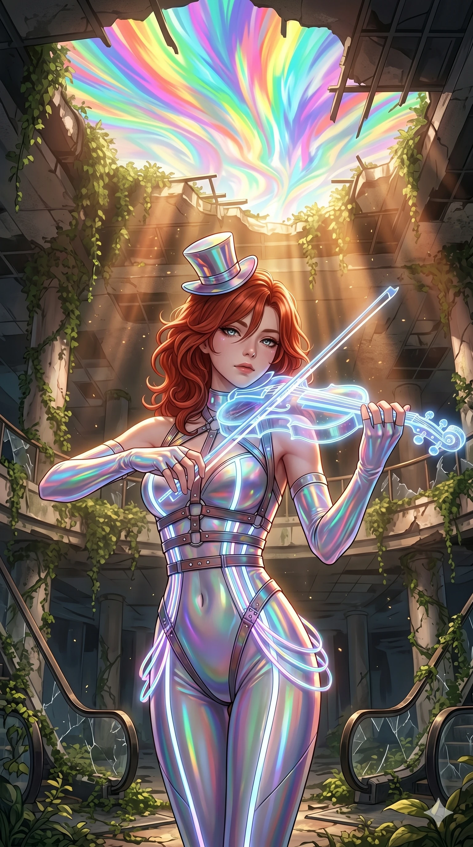 score_9, masterpiece, best quality, ultra-detailed, Set A: High-budget Anime Keyframe, Japanese woman. Upper body close-up from the thighs up, character filling the screen for maximum presence. Theme: Ethereal Dream. playing a holographic violin in a ruined overgrown shopping mall, with a look of serene power as the sky splits into 288 colors. The atmosphere is filled with cinematic sunlight through leaves. She has an absolutely perfect 8-heads proportion, an exceptionally tall and slender female figure with impossibly long slender legs and an ultra-slim waist. Sharp v-shaped jawline, high-bridge nose, intricate jewel-like eyes with depth, glossy lips. Wearing Holographic circus-performer outfit with glowing stripes and leather harnesses. Cinematic lighting, vivid colors, dramatic shadows, 2k, ultra detail, master piece, 9:16 ratio