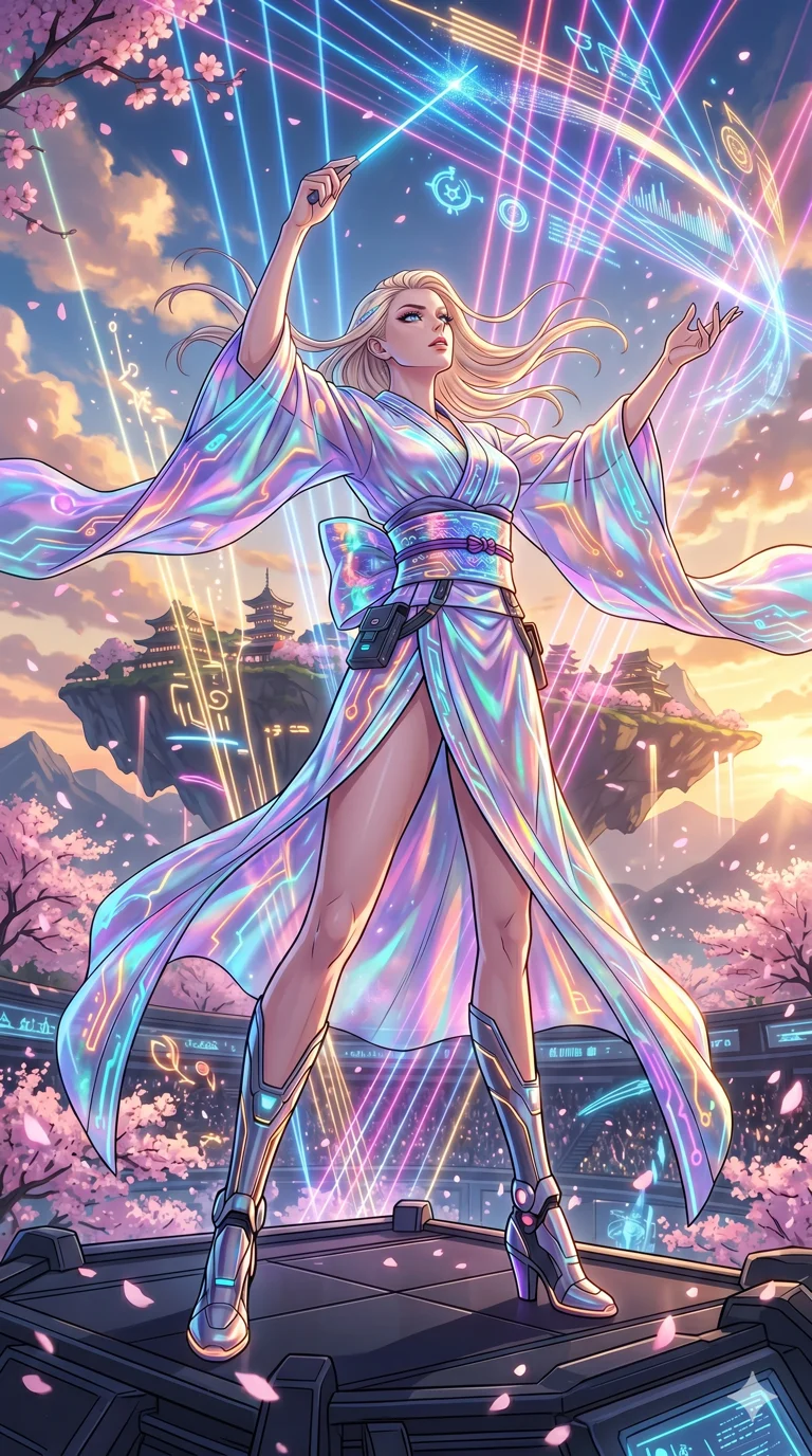 score_9, masterpiece, best quality, ultra-detailed, High-budget Anime Keyframe, vibrant colors, fluid line-art, expressive lighting, cinematic composition, Ufotable-style visual effects, top-tier animation quality, Caucasian woman with pale skin, blonde hair, and (strictly human ears). Low angle cowboy shot filling the entire 9:16 frame with her statuesque presence, looking up to emphasize her height. Orchestrating a complex symphony of laser lights and holographic projections in a grand futuristic concert hall. She has an absolutely perfect 8-heads proportion, an exceptionally tall and slender female figure with impossibly long slender legs and an ultra-slim waist, her statuesque height and towering silhouette dominating the vertical 9:16 frame. Her face is a masterpiece featuring a sharp v-shaped jawline, high-bridge nose, intricate jewel-like eyes with depth, thick eyelashes, and glossy lips with a natural sheen. She is wearing a High-slit tech-kimono with holographic obi and integrated neon-lit circuitry patterns crafted from Holographic chiffon that changes color with every movement, creating a rainbow effect, with integrated neon-lit tactical gear and suggestive cutouts on the thighs. The scene is set in an ancient floating island with pink cherry blossoms falling like snow against a blue sky, illuminated by golden hour sunlight that gives her skin a warm, radiant glow. 2k, ultra detail, master piece, 9:16 ratio