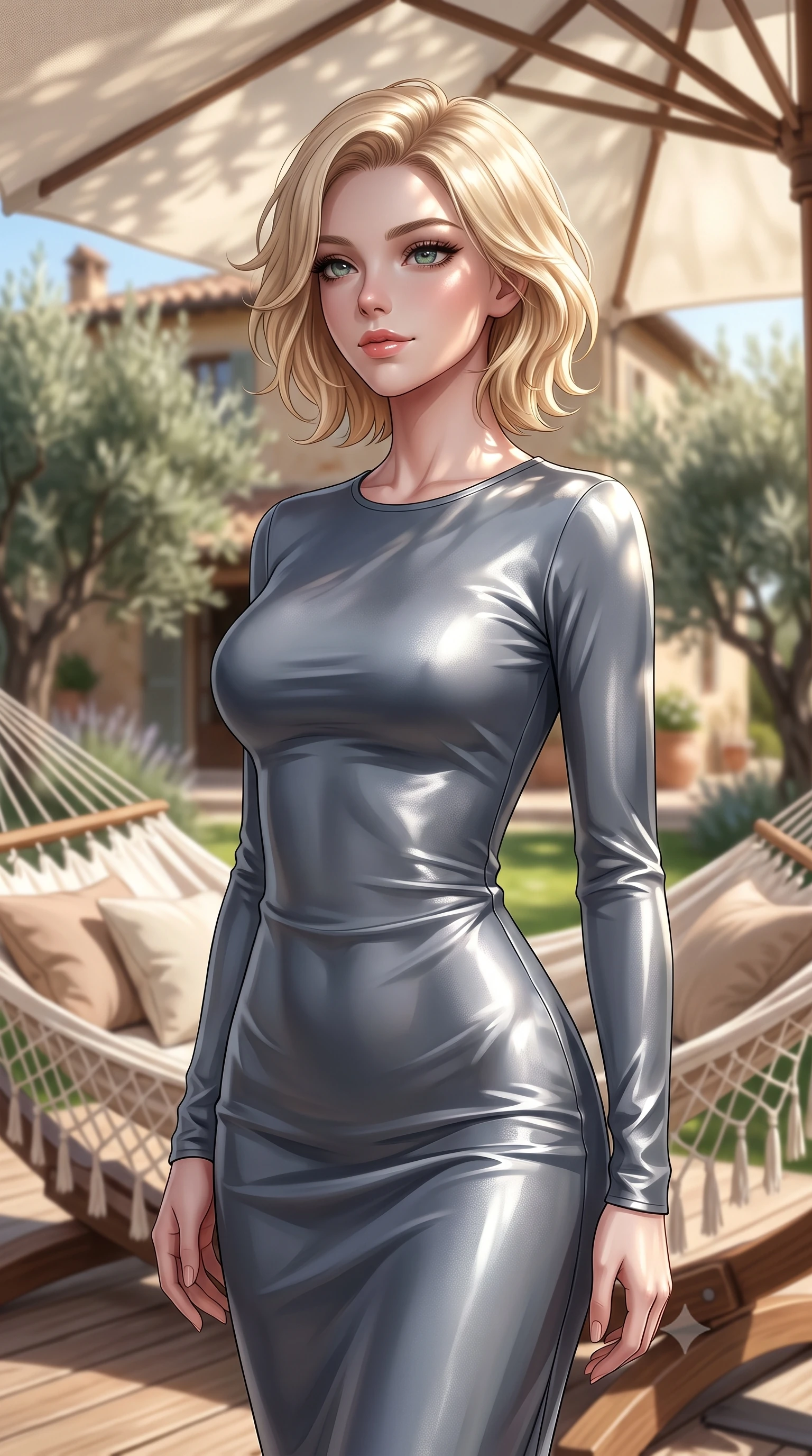 score_9, masterpiece, best quality, ultra-detailed, high-budget anime keyframe, editorial fashion photography, tasteful artistic composition, Caucasian woman. close-up cowboy shot from the waist and thighs up, the character dominates the composition, filling the frame with her large presence, background elements kept in soft focus. gazing past the camera with an alluring, daydreaming expression and a sweet half-smile set against a soft-focus background of on a sunny garden patio of a Tuscan-style villa with olive trees with a cozy woven hammock and soft cushions arranged on the wooden deck. She has an exceptionally elegant, slender, and willowy female figure with an ultra-slim waist, a gracefully sculpted slender torso, and a refined silhouette. sharp v-shaped jawline, high-bridge nose, intricate jewel-like eyes with depth, thick eyelashes, glossy lips with a natural sheen. wearing tailored body-hugging long-sleeve silk dress in slate grey, following her form elegantly. dappled sunlight filtering through the canvas umbrella onto her skin. ultra-reflective glossy finish, specular highlights, metallic sheen, high-contrast stereoscopic depth, volumetric dynamic lighting, 2k, ultra detail, master piece, 9:16 ratio