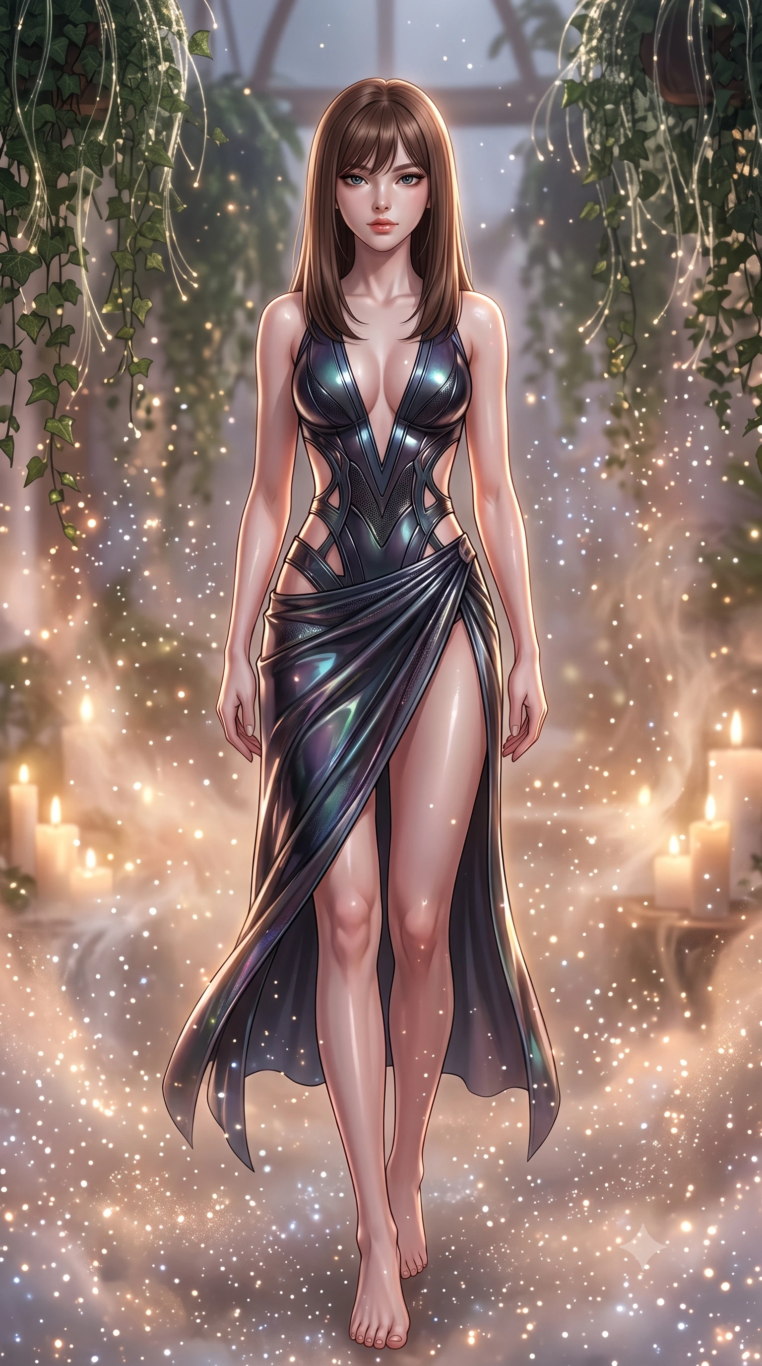 score_9, masterpiece, best quality, ultra-detailed, high-budget anime keyframe, editorial fashion photography, tasteful artistic composition, Korean woman. low angle full-body shot from head to toe showing her feet, filling the entire 9:16 vertical frame with her statuesque presence, stretching her vertical silhouette. stepping gracefully through floating stardust particles, her body-contouring suit showing her athletic, slender silhouette, the background shows a soft-focus a solarium lounge filled with hanging fiber-optic ivy plants and steam. She has an absolutely perfect, statuesque 8.5-heads proportion, an exceptionally tall and slender model-like female figure with impossibly long slender legs and an ultra-slim waist. sharp v-shaped jawline, high-bridge nose, intricate jewel-like eyes with depth, thick eyelashes, glossy lips with a natural sheen. wearing a body-hugging deep plunging-V neck bodycon armor top, featuring keyhole cutouts along the ribs and a thigh-slit wrap skirt. soft flickering candle glow refracting through moving warm mist. ultra-reflective glossy finish, specular highlights, metallic sheen, high-contrast stereoscopic depth, volumetric dynamic lighting, 2k, ultra detail, master piece, 9:16 ratio