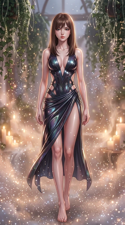 score_9, masterpiece, best quality, ultra-detailed, high-budget anime keyframe, editorial fashion photography, tasteful artistic composition, Korean woman. low angle full-body shot from head to toe showing her feet, filling the entire 9:16 vertical f