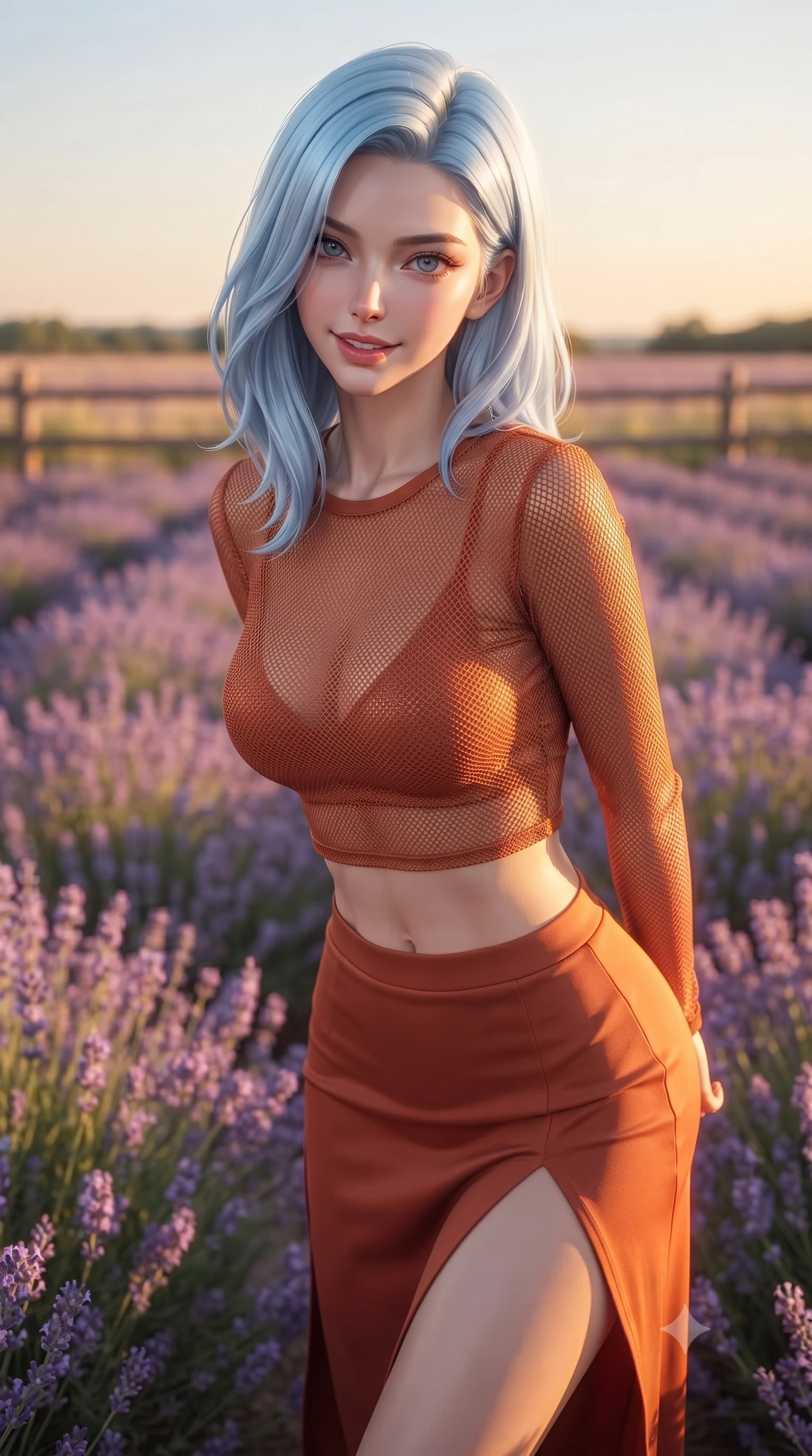 score_9, masterpiece, best quality, ultra-detailed, high-budget anime keyframe, editorial fashion photography, tasteful artistic composition, Korean woman woman. close-up cowboy shot from the waist and thighs up, the character dominates the composition, filling the frame with her large presence, background elements kept in soft focus. leaning slightly forward with a playful, teasing smile, her gaze locked onto the viewer the background shows a soft-focus a rustic wooden fence in a vast blooming lavender field stretching to the horizon. She has an exceptionally elegant, slender, and willowy female figure with an ultra-slim waist, a gracefully sculpted slender torso, and a refined silhouette. sharp v-shaped jawline, high-bridge nose, intricate jewel-like eyes with depth, thick eyelashes, glossy lips with a natural sheen. wearing a slim-fit semi-transparent mesh crop top in rust orange, paired with a high-slit skirt. warm golden hour light tracing her silhouette with a soft glowing rim light. ultra-reflective glossy finish, specular highlights, metallic sheen, high-contrast stereoscopic depth, volumetric dynamic lighting, 2k, ultra detail, master piece, 9:16 ratio