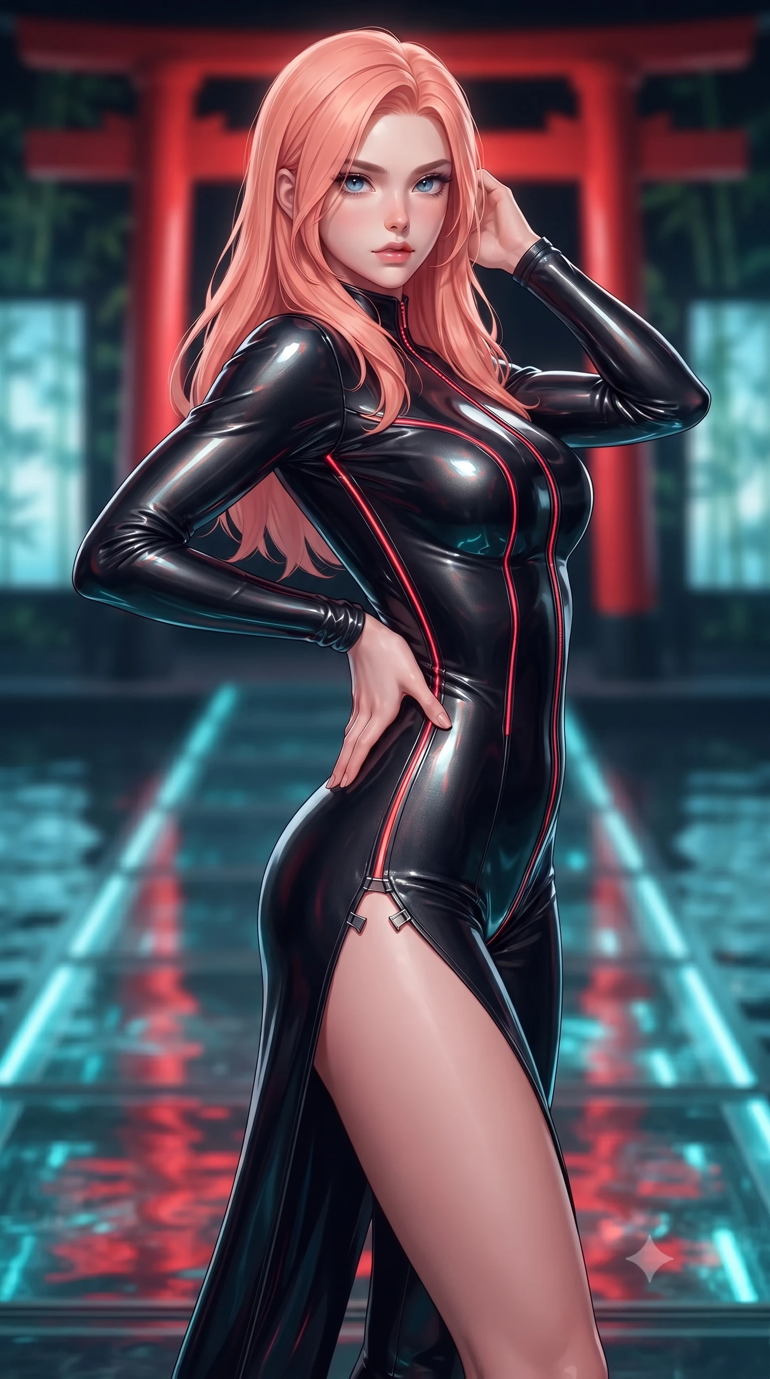 score_9, masterpiece, best quality, ultra-detailed, high-budget anime keyframe, editorial fashion photography, tasteful artistic composition, Japanese woman. close-up cowboy shot from the waist and thighs up, the character dominates the composition, filling the frame with her large presence. twisting her upper body in a dynamic S-curve with commanding allure, one hand resting on her slender waist with haughty grace while arching her back in a fluid motion on a submerged glass walkway catching dramatic scarlet and cyan reflections. The composition keeps background elements in soft focus with creamy bokeh. digital water ripple grids and distant bamboo cyber-screens softened by shallow depth of field. She has an exceptionally elegant, slender, and willowy female figure with an ultra-slim waist, a gracefully sculpted slender torso, toned flat midriff, and a refined slim silhouette. sharp v-shaped jawline, high-bridge nose, intricate jewel-like eyes with depth, thick eyelashes, glossy lips with a natural sheen, flawlessly proportioned anatomical accuracy, strict slender model proportions, natural body alignment, perfectly sculpted long slender limbs, ultra-slim waistline, clean dynamic posture without body distortion. wearing an ultra-sleek aerodynamic tech-jumpsuit sculpted tightly to her figure, accented with glowing fiber-optic spine lines in high-gloss obsidian black and burning laser crimson accents, crafted from delicate iridescent organza interwoven with luminescent micro-fibers, finished with an ultra-high side slit secured by miniature magnetic clasps, the sleek second-skin cut tightly hugging her graceful clavicle, narrow waist, and feminine curves with athletic precision. bathed in glowing scarlet torii gate backlighting and aquatic cyan matrix uplights. ultra-reflective glossy finish, specular highlights, dark metallic sheen, high-contrast stereoscopic depth, volumetric dynamic lighting, 2k, ultra detail, master piece, 9:16 ratio