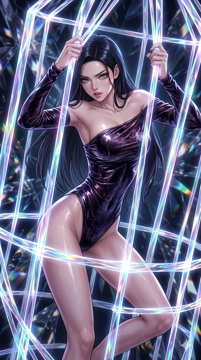 score_9, masterpiece, best quality, ultra-detailed, High-budget Anime Keyframe, East Asian woman. Dynamic full-body shot stretching the vertical silhouette to the limit. Scenario 172: Trapped in a cage of glowing crystalline fibers, body pressing aga