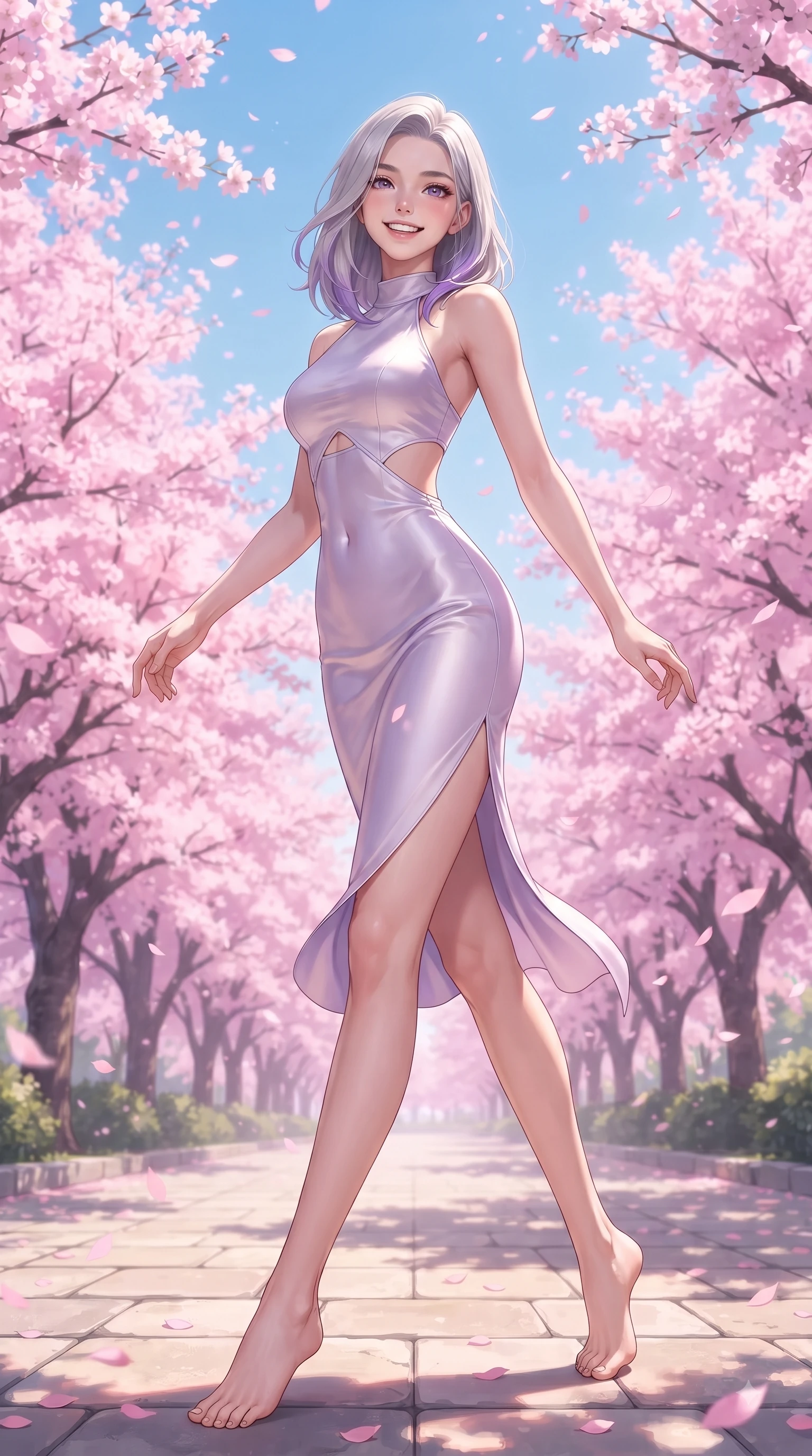 score_9, masterpiece, best quality, ultra-detailed, high-budget anime keyframe, editorial fashion photography, tasteful artistic composition, Caucasian woman. low angle full-body shot from head to toe showing her feet, filling the entire 9:16 vertical frame with her statuesque presence, stretching her vertical silhouette. performing a cheerful mid-motion turn with flawless poise, her radiant smile capturing fresh girlhood energy while pivoting dynamically with a beaming smile as delicate pink sakura petals shower around her. The surrounding environment is rendered in vivid detail and crisp panoramic clarity. endless pink sakura tree arcades, sunlit stone pathways, and clear blue sky in deep focus. She has an absolutely perfect, statuesque 8.5-heads proportion, an exceptionally tall and slender model-like female figure with impossibly long slender legs and an ultra-slim waist. sharp v-shaped jawline, high-bridge nose, intricate jewel-like eyes with depth, thick eyelashes, glossy lips with a natural sheen, flawlessly proportioned anatomical accuracy, natural body alignment, perfectly sculpted elegant limbs, clean dynamic posture without body distortion. wearing a delicate silk halter-neck dress following her curves gracefully in soft lavender violet and pearl white, tailored from fine wool crepe with clean lines, complemented by clean architectural cutouts along her slender torso, the form-contouring material highlighting her ultra-slim waist and long lines. illuminated by soft glowing pink ambient light and clear sky refractions. ultra-reflective glossy finish, specular highlights, metallic sheen, high-contrast stereoscopic depth, volumetric dynamic lighting, 2k, ultra detail, master piece, 9:16 ratio