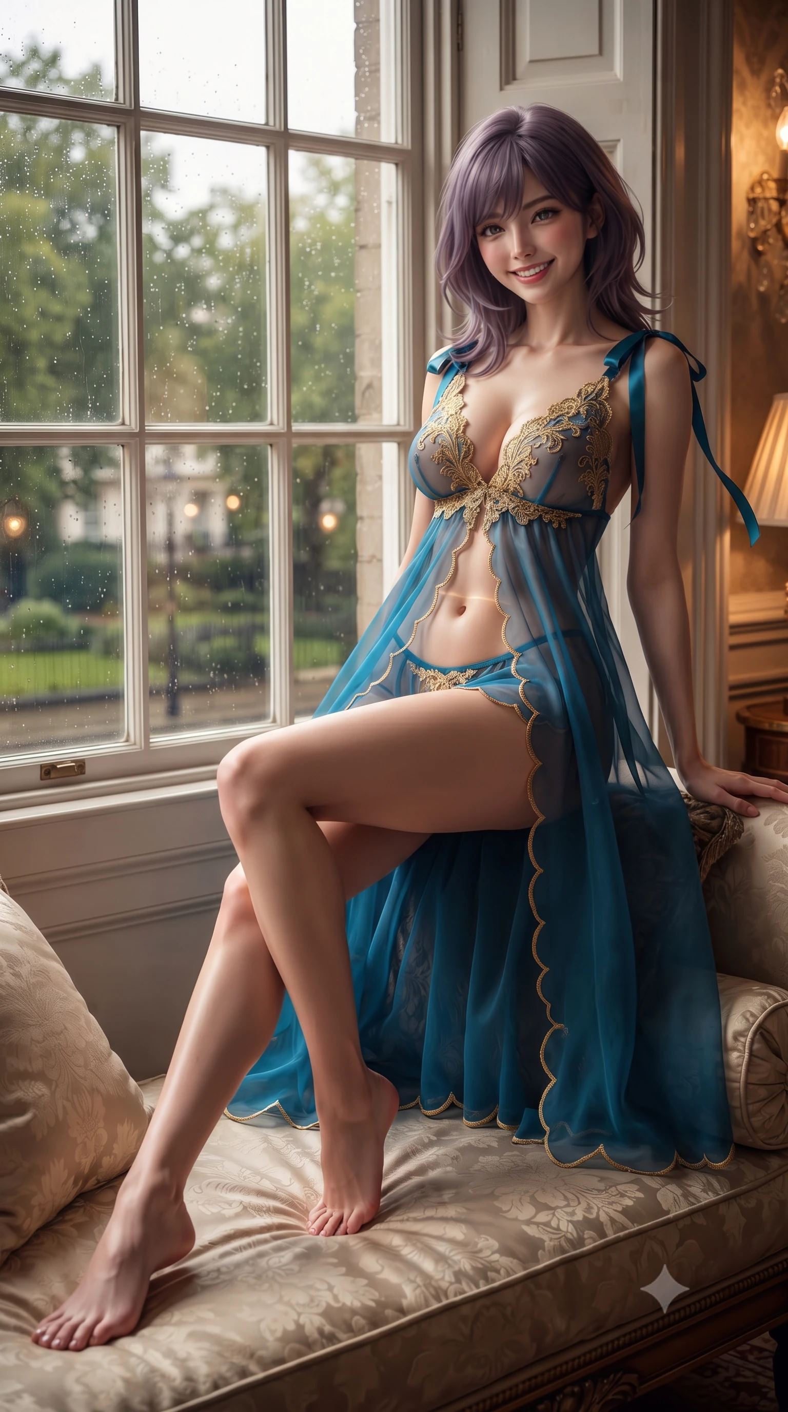 score_9, masterpiece, best quality, ultra-detailed, high-budget anime keyframe, editorial fashion photography, tasteful artistic composition, Japanese woman. low angle full-body shot from head to toe showing her feet, filling the entire 9:16 vertical frame with her statuesque presence, stretching her vertical silhouette. lounging on the lavish daybed with legs crossed and hips angled toward the camera, displaying her toned midriff and long slender limbs with effortless siren poise while twisting her slender torso in an alluring S-curve beside the tall multi-pane sash windows, rain-washed garden square lights tracing her flat midriff. The surrounding environment is rendered in vivid detail and crisp panoramic clarity: detailed plunge-front sheer illusion tulle evening slip, velvet ribbon piping, and historic British craftsmanship in razor-sharp precision. She has an exceptionally tall and slender model-like 8.5-heads proportion, an ultra-slim waist, a flat toned midriff, narrow delicate ribcage, and beautifully sculpted feminine hips creating a graceful, slim hourglass silhouette without any bulky heaviness, with impossibly long slender legs. sharp v-shaped jawline, high-bridge nose, intricate jewel-like sparkling eyes with depth, thick eyelashes, glossy parted lips with a natural peach sheen, bright cheerful beaming smile with an enchanting and coquettish sensual glint, exuding both youthful cute charm and seductive allure, flawlessly proportioned anatomical accuracy, strict slender model proportions, natural body alignment, perfectly sculpted long slender limbs, ultra-slim waistline, clean dynamic posture without body distortion. wearing an alluring semi-sheer silk organza babydoll slip with plunging gold-embroidered neckline and scalloped hem in Marrakech majorelle blue and molten 24k gold, woven from fine semi-opaque stretch illusion mesh tracing her slender contours, finished with satin ribbon ties at the shoulders fluttering in the gentle breeze, the high-slit wrap tailoring accentuating her ultra-slim waistline and the enchanting curve of her feminine hips with alluring seductive charm. bathed in the warm dancing 2200K hearth glow and soft crystal chandelier spill dimmed to an intimate evening level. ultra-reflective glossy finish, specular highlights, rich textural contrasts, high-contrast stereoscopic depth, volumetric dynamic lighting, 2k, ultra detail, master piece, 9:16 ratio