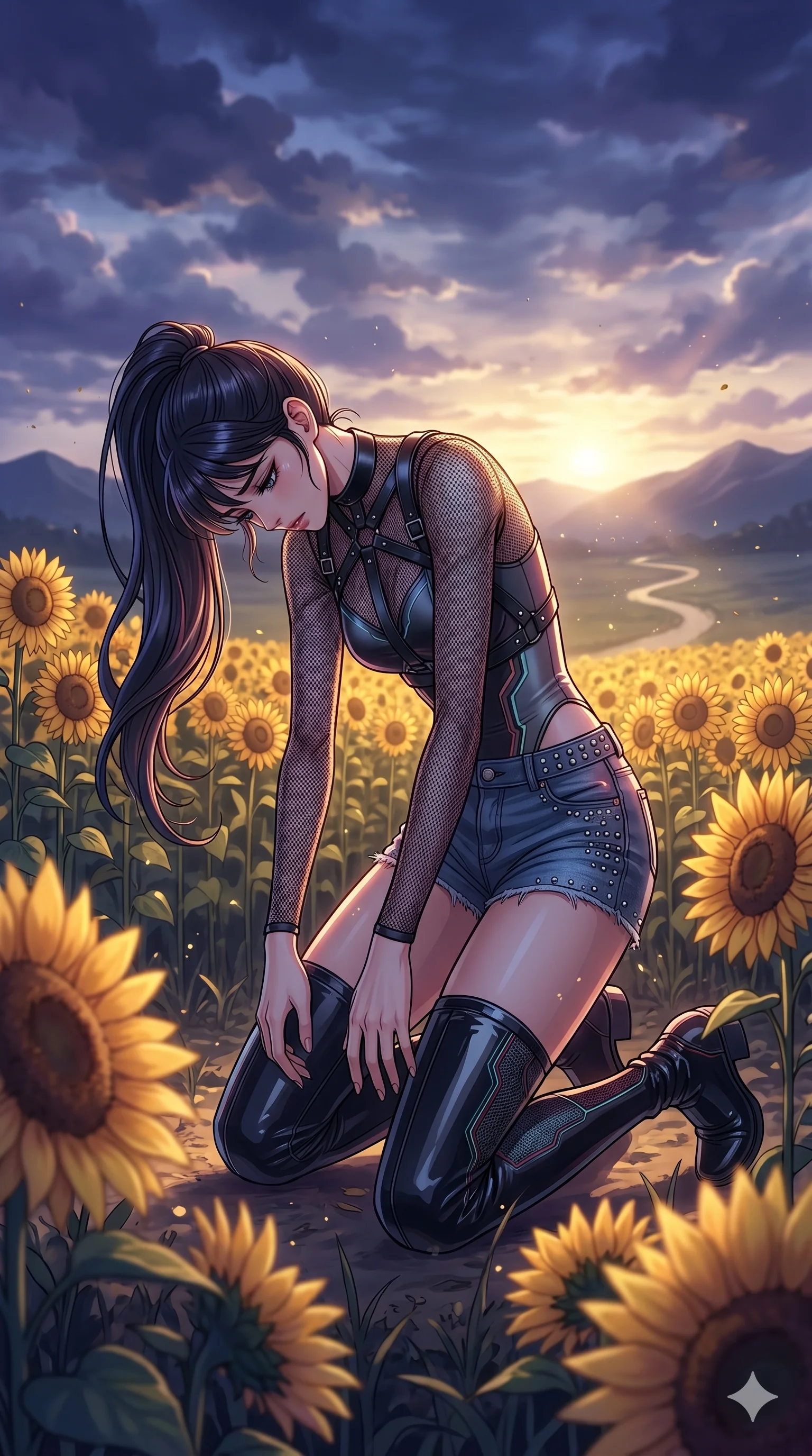 score_9, masterpiece, best quality, ultra-detailed, high-budget anime movie keyframe, cinematic anime lighting, intricate line art, Korean woman. Dynamic full-body shot stretching the vertical silhouette with extreme perspective. collapsing onto her knees in a field of sunflowers after a long journey. She has an absolutely perfect 8-heads proportion, an exceptionally tall and slender female figure with graceful and slender proportions. strictly human anatomy, two legs only, no extra limbs, clearly defined legs and arms, perfect anatomy, perfect hands and fingers. sharp v-shaped jawline, high-bridge nose, intricate jewel-like eyes, thick eyelashes, glossy lips. Wearing Dynamic performance outfit: Leather harness over mesh, sleek bodysuit, studded stylish shorts, and thigh-high patent boots. The scene is illuminated by dramatic atmospheric lighting and vibrant color palettes. , 2k, ultra detail, master piece, 9:16 ratio