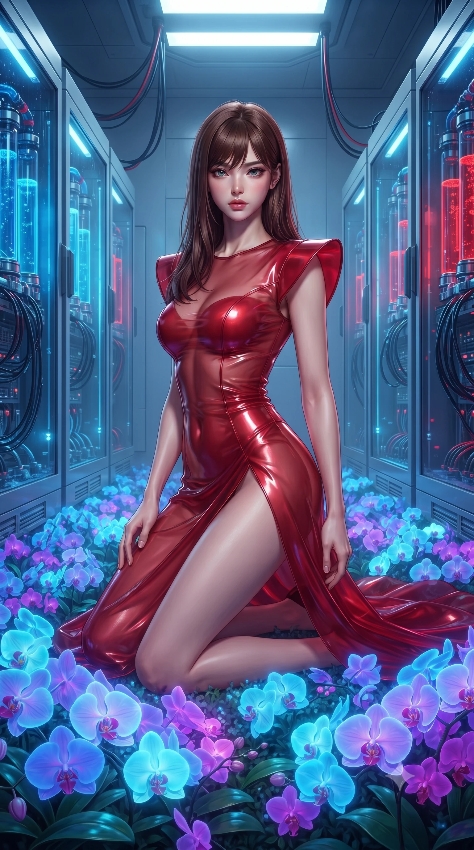 score_9, masterpiece, best quality, ultra-detailed, High-budget Anime Keyframe, editorial fashion photography, tasteful artistic composition, realistic cosplay photography, East Asian woman. Dynamic full-body shot stretching the vertical silhouette to the limit. Scenario 430: kneeling on a soft bed of glowing neon orchids under a high-tech laboratory with rows of water-cooled server racks. Her presence is magnetic and overpowering in this high-budget cinematic scene. Outfit 430: a body-hugging crimson red sheer organza gown featuring a high-slit skirt and structured shoulders. The clothing is designed to emphasize her exceptionally tall and slender 8-heads proportion. 8-heads proportion, towering silhouette, ultra-slim waist. sharp v-shaped jawline, intricate jewel-like eyes with depth, thick eyelashes, glossy lips. ultra-reflective glossy finish, specular highlights, metallic sheen, high-contrast stereoscopic depth, volumetric dynamic lighting, 2k, ultra detail, master piece, 9:16 ratio