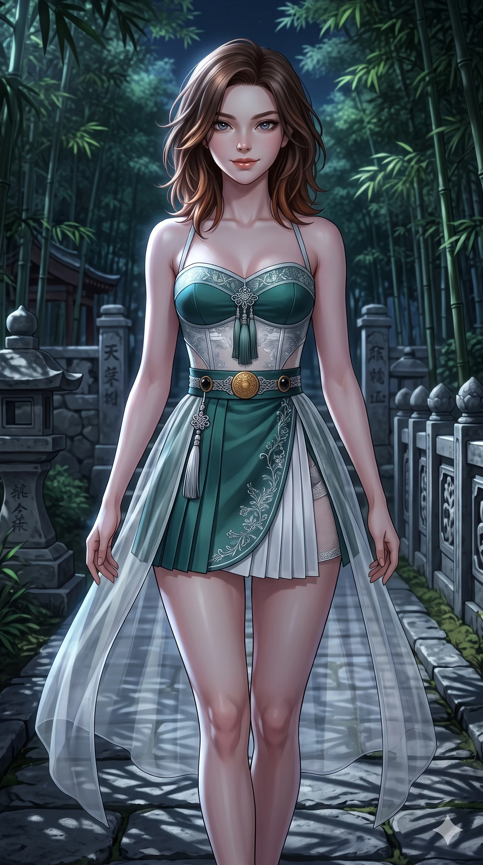 score_9, masterpiece, best quality, ultra-detailed, high-budget anime keyframe, semi-realistic 3D game render, editorial fashion photography, tasteful artistic composition, Korean woman. close-up cowboy shot from the waist and thighs up, the character dominates the composition, filling the frame with her large presence. turning slowly with an enchanting smoldering smile, her glossy hair tossing in the breeze as her hips angle gracefully in a captivating contrapposto while stepping forward along the stone path with hypnotic grace, hips swaying in an alluring sensual rhythm that accentuates her curvy silhouette. The surrounding environment is rendered in vivid detail and crisp panoramic clarity: detailed liquid-tight silk halter leotard tailoring, sheer nobang overskirt, and traditional shrine stonework in razor-sharp precision. She has an exceptionally elegant, slender, and willowy female figure with an ultra-slim waist, flat toned midriff, narrow ribcage, and sculpted feminine hips creating an alluring, slim hourglass silhouette without bulk. sharp v-shaped jawline, high-bridge nose, sparkling eyes with hypnotic seductive depth, thick curled eyelashes, glossy parted lips with a natural dewy peach sheen, alluring bedroom-eyes with an enchanting coquettish smile, exuding magnetic siren charisma and sophisticated glamour, flawlessly proportioned anatomical accuracy, strict slender model proportions, natural body alignment, perfectly sculpted long slender limbs, ultra-slim waistline, clean dynamic posture without body distortion. wearing a modern boned hanbok bustier top with norigae tassel paired with an ultra-short micro-pleated silk wrap mini skirt in moonlit jade green and pure alabaster white with silver accents, featuring strategic sheer-illusion micro-mesh cutouts along her ribcage and hip flanks, accented with an authentic engraved gold medallion and obsidian cabochons, the high-slit wrap tailoring accentuating her ultra-slim waistline and the enchanting curve of her feminine hips with alluring seductive charm. bathed in crisp silver moonlight filtering down through dense bamboo canopies creating intricate linear shadows. highly saturated vibrant anime colors, detailed shading with soft gradients, rich glossy textures, high-contrast stereoscopic depth, volumetric dynamic lighting, master piece, 9:16 ratio