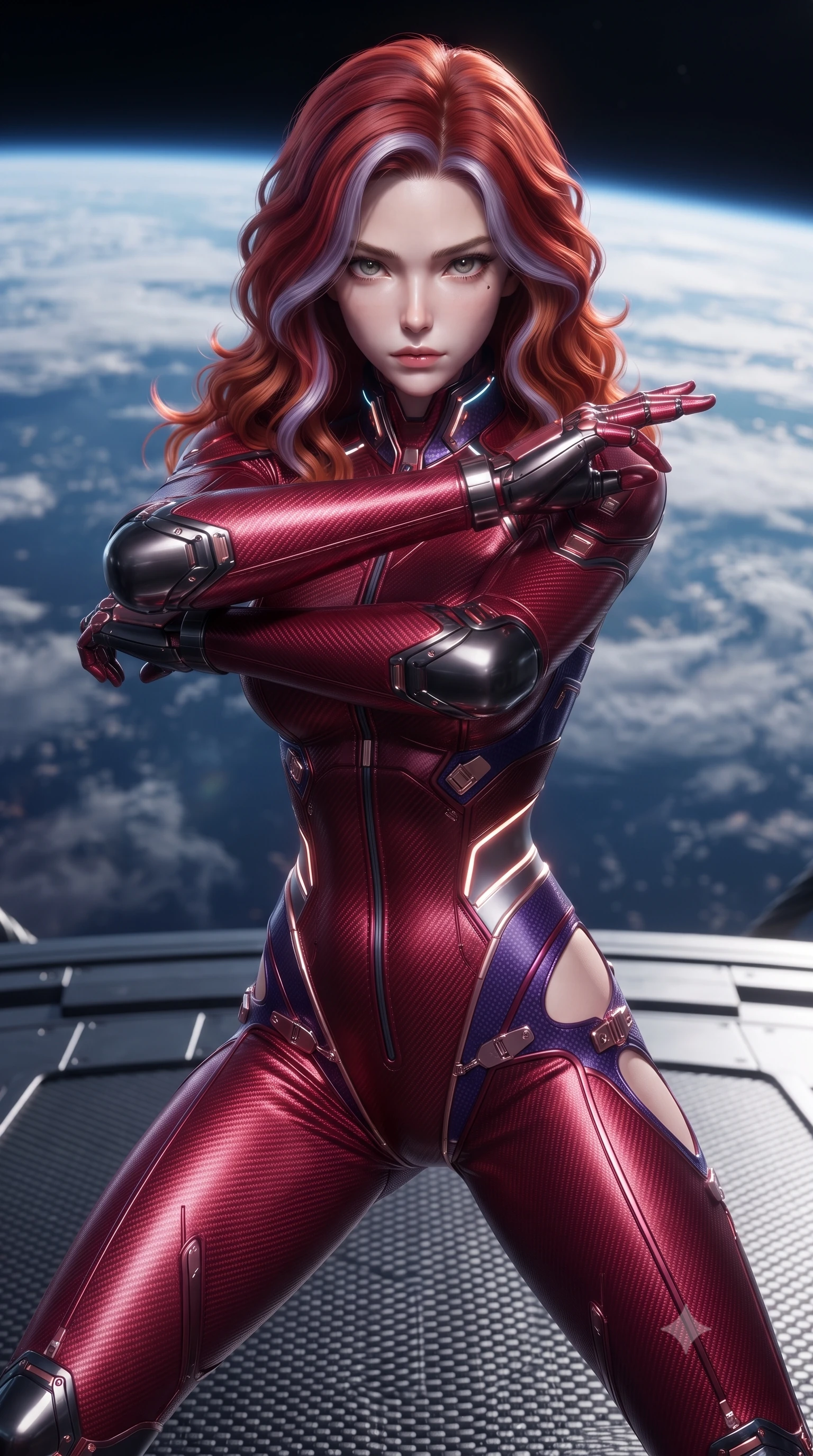 score_9, masterpiece, best quality, ultra-detailed, high-budget anime keyframe, editorial fashion photography, tasteful artistic composition, Caucasian woman. close-up cowboy shot from the waist and thighs up, the character dominates the composition, filling the frame with her large presence. shifting into a low cat-stance with arms crossed defensively, glowing energy conduits tracing her ultra-slim waist and sculpted clavicle while executing a high-speed kinetic parry and pivot on the open-air gantry of a space elevator ring 100 kilometers above Earth. The surrounding environment is rendered in vivid detail and crisp panoramic clarity. sharp carbon-fiber gantry floor texture, space elevator cable weave, and planetary cloud swirls in deep focus. She has an exceptionally elegant, slender, and willowy female figure with an ultra-slim waist, a gracefully sculpted slender torso, toned flat midriff, and a refined slim silhouette. sharp v-shaped jawline, high-bridge nose, intricate jewel-like eyes with depth, thick eyelashes, glossy lips with a natural sheen, flawlessly proportioned anatomical accuracy, strict slender model proportions, natural body alignment, perfectly sculpted long slender limbs, ultra-slim waistline, clean dynamic posture without body distortion. wearing a skin-tight crimson carbon-weave battle-suit with metallic dark chrome elbow dampers and hip-accentuating cutouts in royal purple carbon fiber with rose-gold hardware and clasps, made of lightweight aerodynamic carbon-titanium alloy with polished edge bevels, featuring a sleek aerodynamic collar framed by subtle glowing cybernetic status LEDs, the sleek second-skin cut tightly hugging her graceful clavicle, narrow waist, and feminine curves with athletic precision. illuminated by crisp specular highlights tracing her sculpted collarbones, waistline, and long slender legs. ultra-reflective glossy finish, specular highlights, dark metallic sheen, high-contrast stereoscopic depth, volumetric dynamic lighting, 2k, ultra detail, master piece, 9:16 ratio
