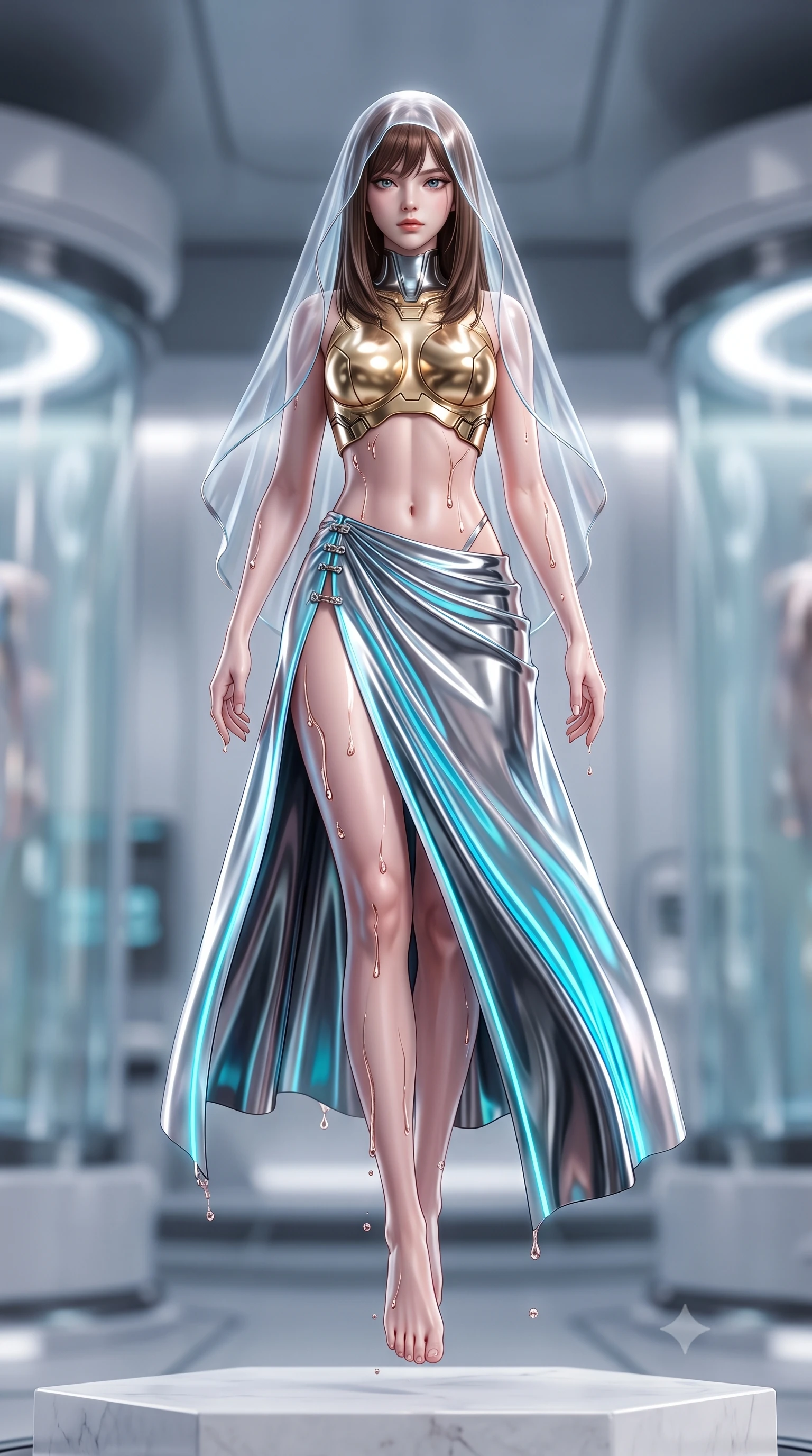 score_9, masterpiece, best quality, ultra-detailed, high-budget anime keyframe, editorial fashion photography, tasteful artistic composition, Korean woman. low angle full-body shot from head to toe showing her feet, filling the entire 9:16 vertical frame with her statuesque presence, stretching her vertical silhouette. performing an alluring mid-air vault with flawless poise, looking directly into the camera with regal, divine intensity while ascending a white quartz platform as nano-fluid droplets glisten like liquid rose gold along her sculpted contour. The composition keeps background elements in soft focus with creamy bokeh. curved crystal incubator cylinders and medical stasis architecture softened in dreamy shallow depth of field. She has an absolutely perfect, statuesque 8.5-heads proportion, an exceptionally tall and slender model-like female figure with impossibly long slender legs, a toned flat midriff, and an ultra-slim waist. sharp v-shaped jawline, high-bridge nose, intricate jewel-like eyes with depth, thick eyelashes, glossy lips with a natural sheen, flawlessly proportioned anatomical accuracy, strict slender model proportions, natural body alignment, perfectly sculpted long slender limbs, ultra-slim waistline, clean dynamic posture without body distortion. wearing an ethereal translucent cyber-veil paired with a sculpted golden mechanical cuirass and high-fashion draped silk skirt in polished mirror chrome and glowing electric cyan neon, made of smooth flowing silk chiffon that shifts colors with movement, finished with an ultra-high side slit secured by miniature magnetic clasps, the form-contouring material adhering flawlessly to her sculpted flat midriff and slender torso, emphasizing her long leg lines and perfectly proportioned willowy build. surrounded by a pristine, divine, and breathtakingly beautiful cyber-muse awakening atmosphere. ultra-reflective glossy finish, specular highlights, dark metallic sheen, high-contrast stereoscopic depth, volumetric dynamic lighting, 2k, ultra detail, master piece, 9:16 ratio