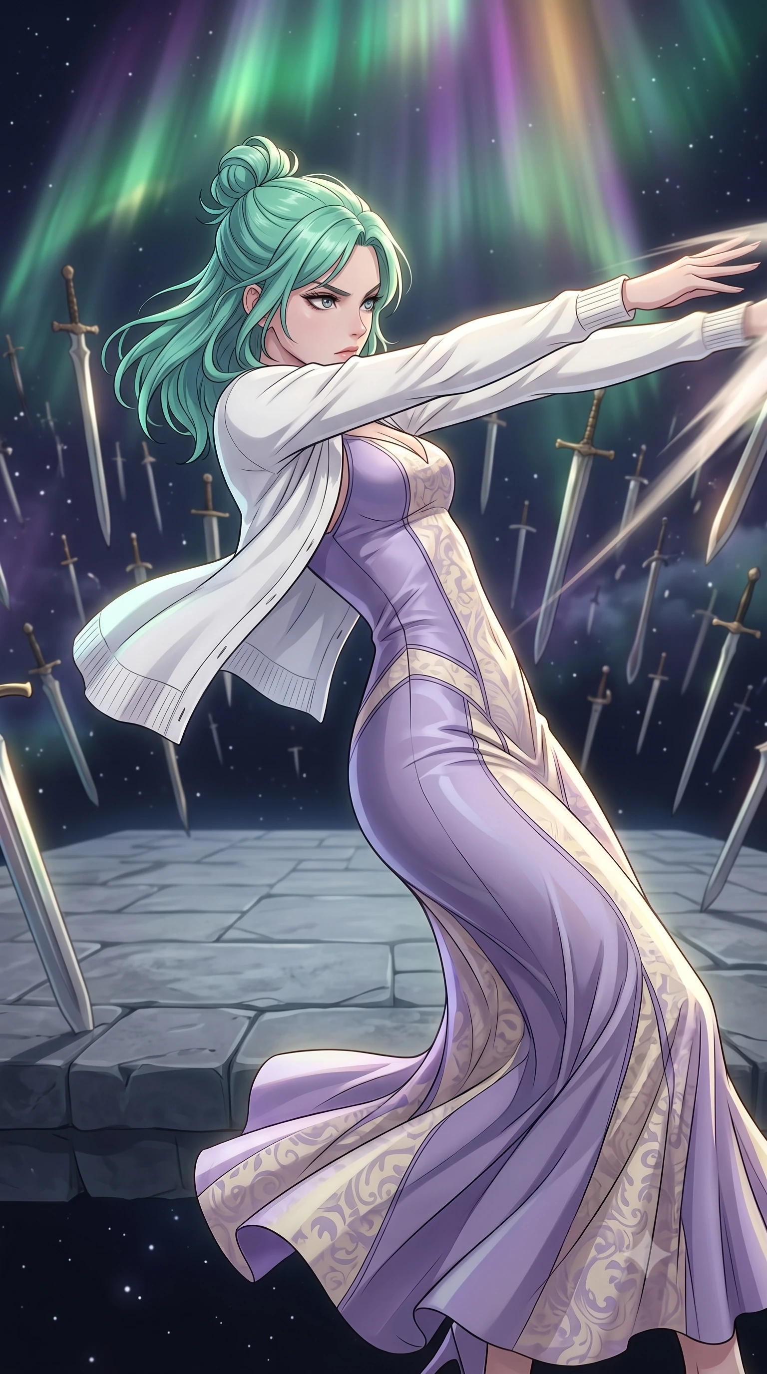 score_9, masterpiece, best quality, ultra-detailed, high-budget anime keyframe, clean line-art, cel-shading, Japanese woman. close-up cowboy shot from the waist and thighs up, the character dominates the composition, filling the frame with her large presence, background elements kept in soft focus. Leaning back to dodge a fast strike with fluid grace, casting a cold side-glare. set against a soft-focus background of a grey stone platform floating in a dark void, surrounded by thousands of ancient swords hovering in the air. She has an exceptionally elegant and slender, willowy female figure with an ultra-slim waist, a gracefully sculpted slender torso, and a refined slim physique. sharp v-shaped jawline, high-bridge nose, intricate jewel-like eyes with depth, thick eyelashes, glossy lips with a natural sheen. wearing tailored for maximum mobility, sleek form-contouring panels that allow fluid movement, a body-hugging flowing silk maxi dress in a muted lavender and cream print, layered under a white knit cardigan. illuminated by a shifting aurora palette of green violet and gold from above. highly saturated vibrant anime colors, intense vivid color palette, volumetric dynamic lighting, 2k, ultra detail, master piece, 9:16 ratio