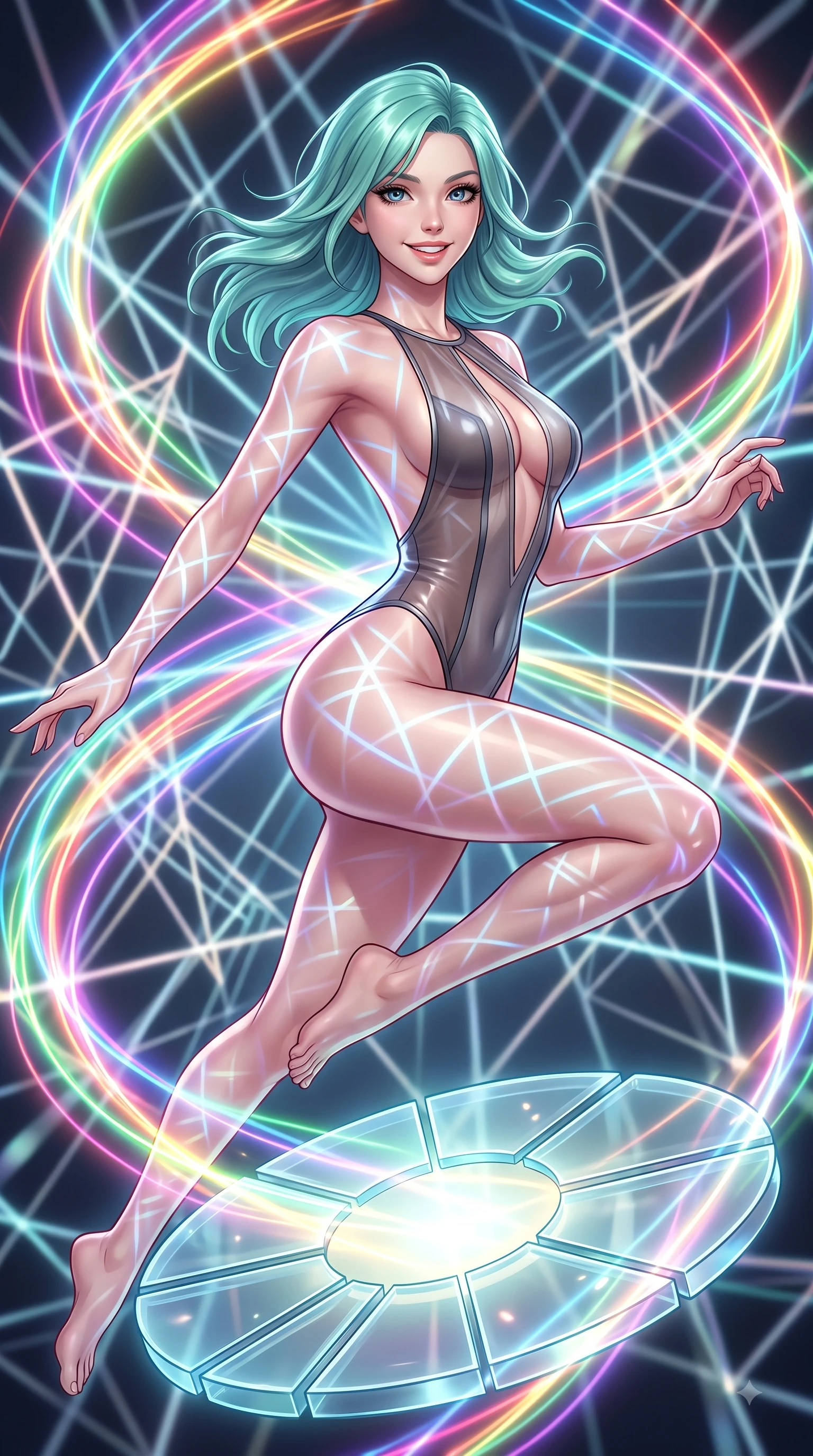 score_9, masterpiece, best quality, ultra-detailed, high-budget anime keyframe, editorial fashion photography, tasteful artistic composition, Japanese woman. close-up cowboy shot from the waist and thighs up, the character dominates the composition, filling the frame with her large presence, background elements kept in soft focus. Gazing directly into the camera with a joyful, infectious smile as her torso curves dynamically in mid-stride while leaping across a floating glass disk inside a geometric light matrix with a beaming face, intricate geometric lattice patterns of bright light projected onto her skin. She has an exceptionally elegant, slender, and willowy female figure with an ultra-slim waist, a gracefully sculpted slender torso, and a refined silhouette. sharp v-shaped jawline, high-bridge nose, intricate jewel-like eyes with depth, thick eyelashes, glossy lips with a natural sheen, flawlessly proportioned anatomical accuracy, natural body alignment, perfectly sculpted elegant limbs, clean dynamic posture without body distortion. wearing a high-cut translucent vinyl leotard with front paneling and open back in charcoal grey and platinum, woven from fine semi-opaque sheer organza, accented with a Tasteful chest slit framing her clavicle gracefully, the elegant draped fit framing her graceful clavicle and slender torso. illuminated by the brilliant glow of rainbow luminescent plasma threads. highly saturated vibrant anime colors, detailed shading with soft gradients, rich glossy textures, high-contrast stereoscopic depth, volumetric dynamic lighting, master piece, 9:16 ratio