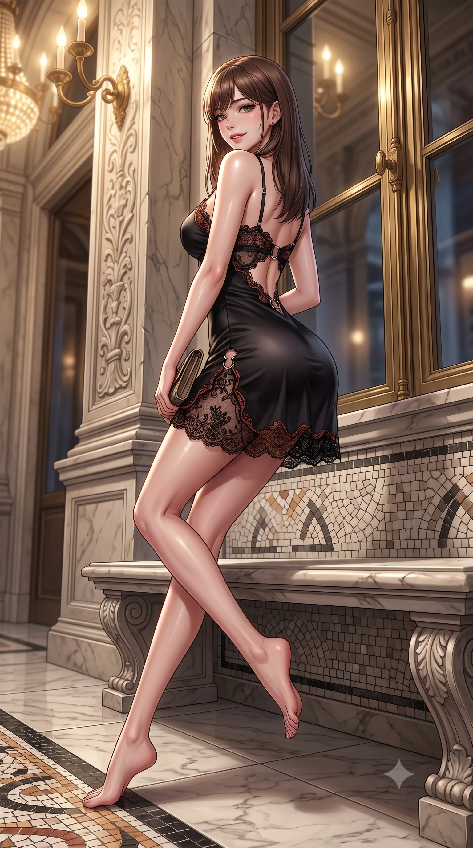 score_9, masterpiece, best quality, ultra-detailed, high-budget anime keyframe, editorial fashion photography, tasteful artistic composition, Korean woman. low angle full-body shot from head to toe showing her feet, filling the entire 9:16 vertical frame with her statuesque presence, stretching her vertical silhouette. posing with back turned slightly to the lens, glancing back with an intoxicating, dangerous smile as she arches her lower back to emphasize her sculpted feminine hips and slender waist while lounging gracefully on an ornate marble arcade bench with legs crossed, holding a designer clutch with effortless aristocratic superiority. The surrounding environment is rendered in vivid detail and crisp panoramic clarity. sharp marble mosaic tile tesserae, carved neoclassical stone pilasters, and brass window frame hardware in deep focus. She has an exceptionally tall and slender model-like 8.5-heads proportion, an ultra-slim waist, a flat toned midriff, narrow delicate ribcage, and beautifully sculpted feminine hips creating a graceful, slim hourglass silhouette without any bulky heaviness, with impossibly long slender legs. sharp v-shaped jawline, high-bridge nose, intricate jewel-like dark sparkling eyes with dangerous depth, thick curled eyelashes, glossy parted lips with a rich wine sheen, smoldering seductive half-smile with bedroom-eyes, exuding effortless superiority and intoxicating dark allure, flawlessly proportioned anatomical accuracy, strict slender model proportions, natural body alignment, perfectly sculpted long slender limbs, ultra-slim waistline, clean dynamic posture without body distortion. wearing a strappy black silk slip dress with delicate lace scallop edging along the neckline and hem in dark burnt copper and matte black, crafted from sheer delicate Chantilly lace with intricate gothic floral motifs, accented with sculptural chrome hardware rings framing the subtle cutouts, the form-contouring cut accentuating her sculpted flat midriff, narrow delicate ribcage, and gracefully curvy hips with sovereign high-fashion precision. bathed in majestic golden arcade chandelier light and soft ambient streetlamp wash. ultra-reflective glossy finish, specular highlights, rich textural contrasts, high-contrast stereoscopic depth, volumetric dynamic lighting, 2k, ultra detail, master piece, 9:16 ratio