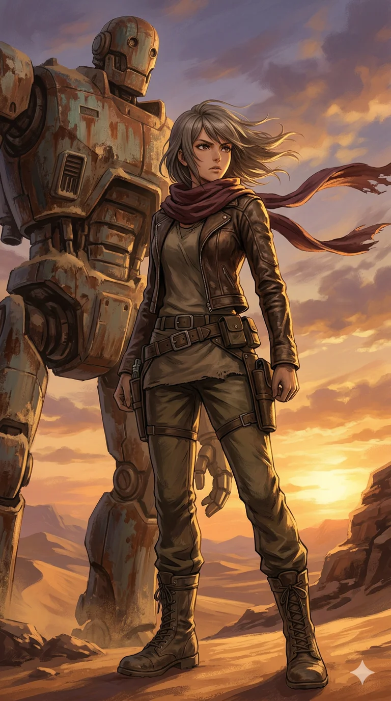 score_9, masterpiece, best quality, ultra-detailed, semi-realistic high-budget anime keyframe, an incredibly beautiful Japanese woman. Low angle cowboy shot filling the frame. She is a desert wanderer next to a giant rusted robot, her scarf windswept. She has an absolutely perfect 8-heads proportion, an exceptionally tall and slender female figure with long slender legs. Her face is a masterpiece with ash brown hair and intense eyes. She is wearing a form-fitting leather outfit, unzipped deeply, highlighting her alluring silhouette. Golden hour desert light, radiant glowing skin, dramatic rim lighting, 2k, ultra detail, master piece, 9:16 ratio