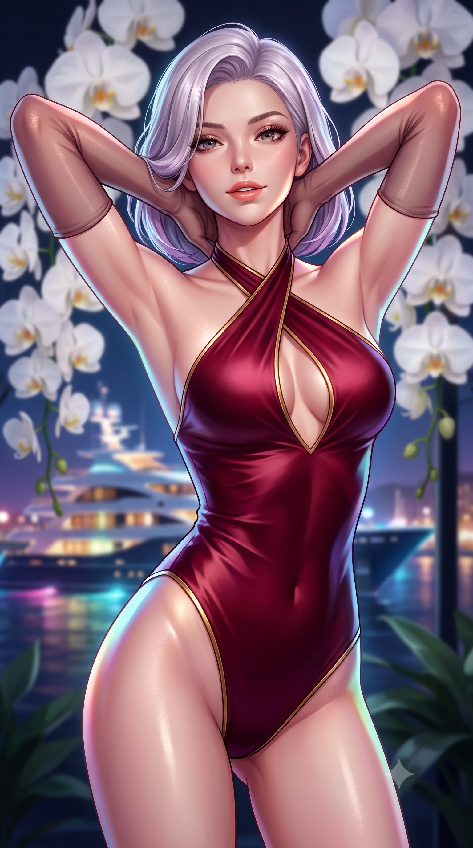 score_9, masterpiece, best quality, ultra-detailed, high-budget anime keyframe, semi-realistic 3D game render, editorial fashion photography, tasteful artistic composition, Caucasian woman. close-up cowboy shot from the waist and thighs up, the character dominates the composition, filling the frame with her large presence. resting both hands lightly behind her neck with elbows raised, arching her spine to highlight her narrow waist, flat midriff, and breathtaking collarbones while twisting her slender torso in an alluring S-curve, glittering mega-yacht lights dancing across her bare shoulders, flat midriff, and curvy hips. The background shows a soft-focus cascading white orchid blossoms softened in exclusive nocturnal garden shallow focus. She has an exceptionally elegant, slender, and willowy female figure with an ultra-slim waist, flat toned midriff, narrow ribcage, and sculpted feminine hips creating an alluring, slim hourglass silhouette without bulk. sharp v-shaped jawline, high-bridge nose, sparkling eyes with hypnotic seductive depth, thick curled eyelashes, glossy parted lips with a natural dewy peach sheen, alluring bedroom-eyes with an enchanting coquettish smile, exuding magnetic siren charisma and sophisticated glamour, flawlessly proportioned anatomical accuracy, strict slender model proportions, natural body alignment, perfectly sculpted long slender limbs, ultra-slim waistline, clean dynamic posture without body distortion. wearing a criss-cross halterneck keyhole bodysuit with open back and sculpted waist darts in Belle Époque bordeaux and gilded 24k gold, crafted from fluid liquid silk satin that clings smoothly to every curve with a dewy sheen, complemented by sheer opera-length evening gloves tracing her slender arms, the second-skin tailored fabric adhering flawlessly to her sculpted flat midriff and slender torso, emphasizing her long leg lines and perfectly proportioned willowy build. bathed in warm garden landscape uplighting mixed with dynamic multi-color reflections from harbor yachts. highly saturated vibrant anime colors, detailed shading with soft gradients, rich glossy textures, high-contrast stereoscopic depth, volumetric dynamic lighting, master piece, 9:16 ratio