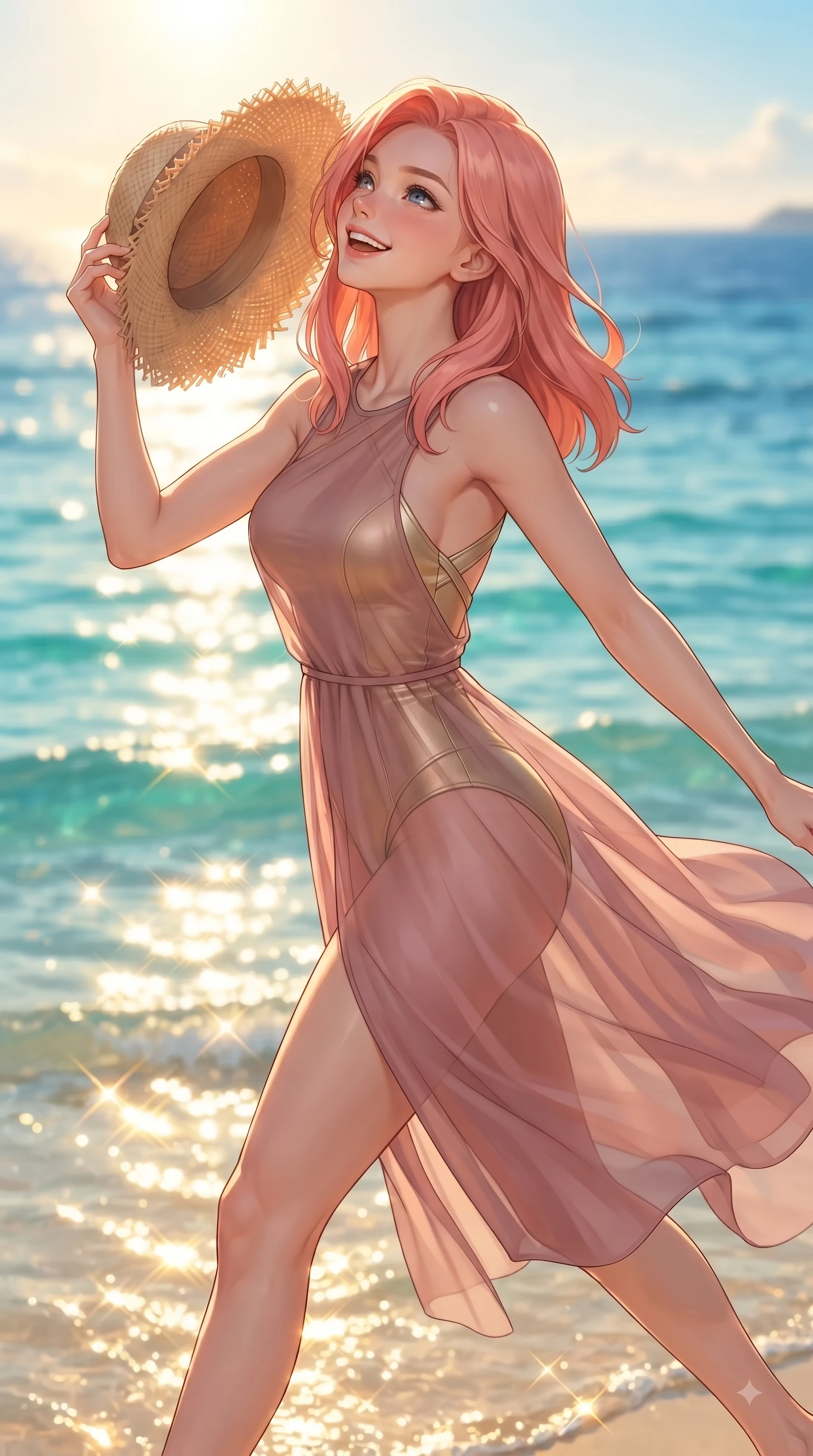 score_9, masterpiece, best quality, ultra-detailed, high-budget anime keyframe, editorial fashion photography, tasteful artistic composition, Japanese woman. close-up cowboy shot from the waist and thighs up, the character dominates the composition, filling the frame with her large presence, background elements kept in soft focus. Tilting her chin up with a sweet beaming smile of pure delight while balancing dynamically amidst the scene while running playfully along an emerald sea beach with a straw sunhat held lightly in one hand, crystal-clear turquoise water waves reflecting intense sunny morning refractions. She has an exceptionally elegant, slender, and willowy female figure with an ultra-slim waist, a gracefully sculpted slender torso, and a refined silhouette. sharp v-shaped jawline, high-bridge nose, intricate jewel-like eyes with depth, thick eyelashes, glossy lips with a natural sheen, flawlessly proportioned anatomical accuracy, natural body alignment, perfectly sculpted elegant limbs, clean dynamic posture without body distortion. wearing a semi-opaque sheer overlay dress over a leather micro-bodysuit in dusty rose and champagne gold, formed from sleek second-skin neoprene, complemented by criss-cross back straps highlighting her bare shoulders, the form-contouring material highlighting her ultra-slim waist and long lines. illuminated by a glorious golden hour sunburst over deep blue island ocean waves. ultra-reflective glossy finish, specular highlights, metallic sheen, high-contrast stereoscopic depth, volumetric dynamic lighting, 2k, ultra detail, master piece, 9:16 ratio
