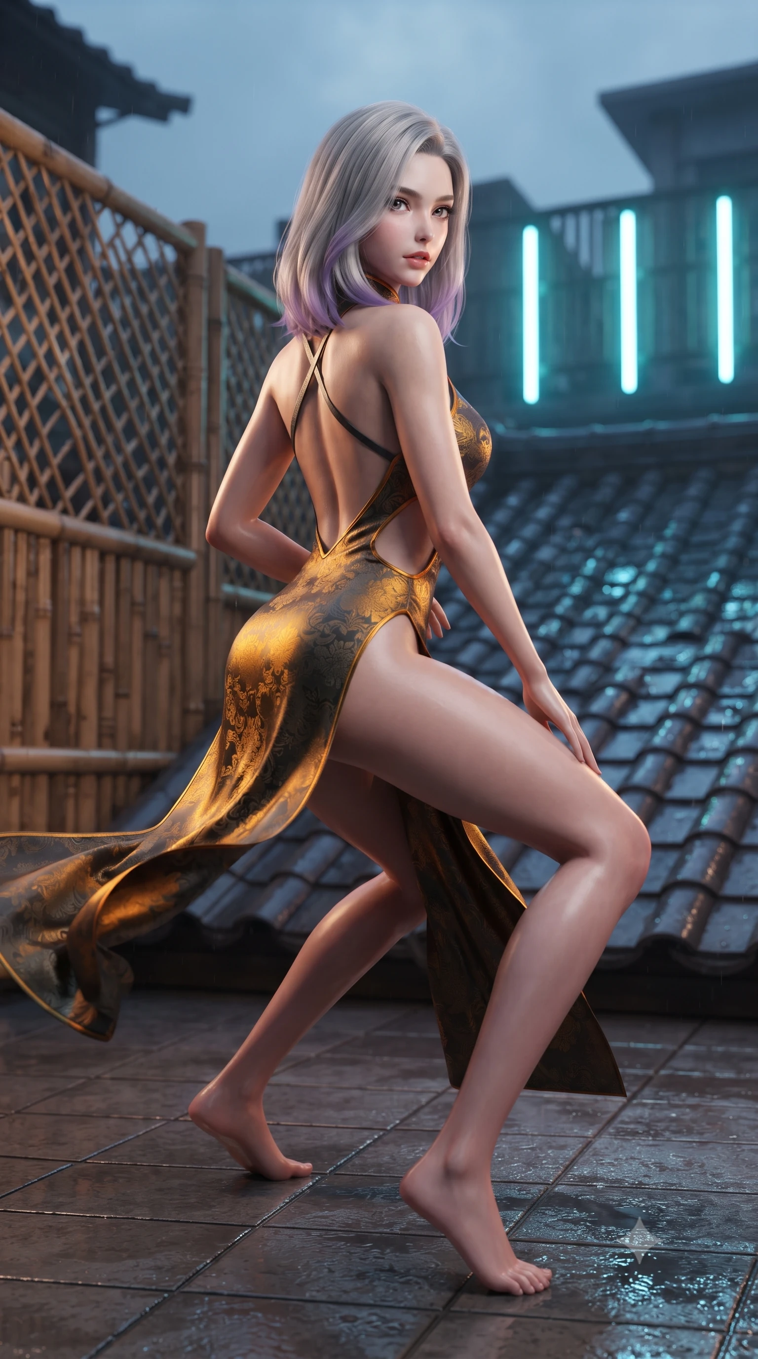 score_9, masterpiece, best quality, ultra-detailed, high-budget anime keyframe, editorial fashion photography, tasteful artistic composition, Caucasian woman. low angle full-body shot from head to toe showing her feet, filling the entire 9:16 vertical frame with her statuesque presence, stretching her vertical silhouette. executing an elegant mid-motion pivot turn as garments swirl around her slender limbs, glancing over her shoulder with an intoxicating bedroom-gaze while crouching low on the wet tiled rooftop terrace with back turned slightly to the lens, glancing back with smoldering bedroom-eyes and parted lips. The surrounding environment is rendered in vivid detail and crisp panoramic clarity. sharp bamboo lattice textures, wet ceramic roof tiles, and glowing neon tube reflections in deep focus. She has an absolutely perfect, statuesque 8.5-heads proportion, an exceptionally tall and slender model-like female figure with impossibly long slender legs, a toned flat midriff, an ultra-slim waist, and beautifully sculpted feminine hips. sharp v-shaped jawline, high-bridge nose, intricate jewel-like eyes with depth, thick eyelashes, glossy parted lips with a natural sheen, intensely captivating and seductive bedroom-eyes expression, flawlessly proportioned anatomical accuracy, strict slender model proportions, natural body alignment, perfectly sculpted long slender limbs, ultra-slim waistline, clean dynamic posture without body distortion. wearing a backless silk jacquard mandarin-collar gown with dramatic side-torso cutouts and trailing skirt in glowing amber-gold and dark graphite, woven from fine textured silk brocade with woven gold thread, finished with criss-cross back harness straps framing her bare spine, the form-contouring material adhering flawlessly to her sculpted flat midriff and slender torso, emphasizing her long leg lines and perfectly proportioned willowy build. illuminated by wet specular asphalt bounce lights sharply sculpting her narrow waist and rounded hips. ultra-reflective glossy finish, specular highlights, rich textural contrasts, high-contrast stereoscopic depth, volumetric dynamic lighting, 2k, ultra detail, master piece, 9:16 ratio