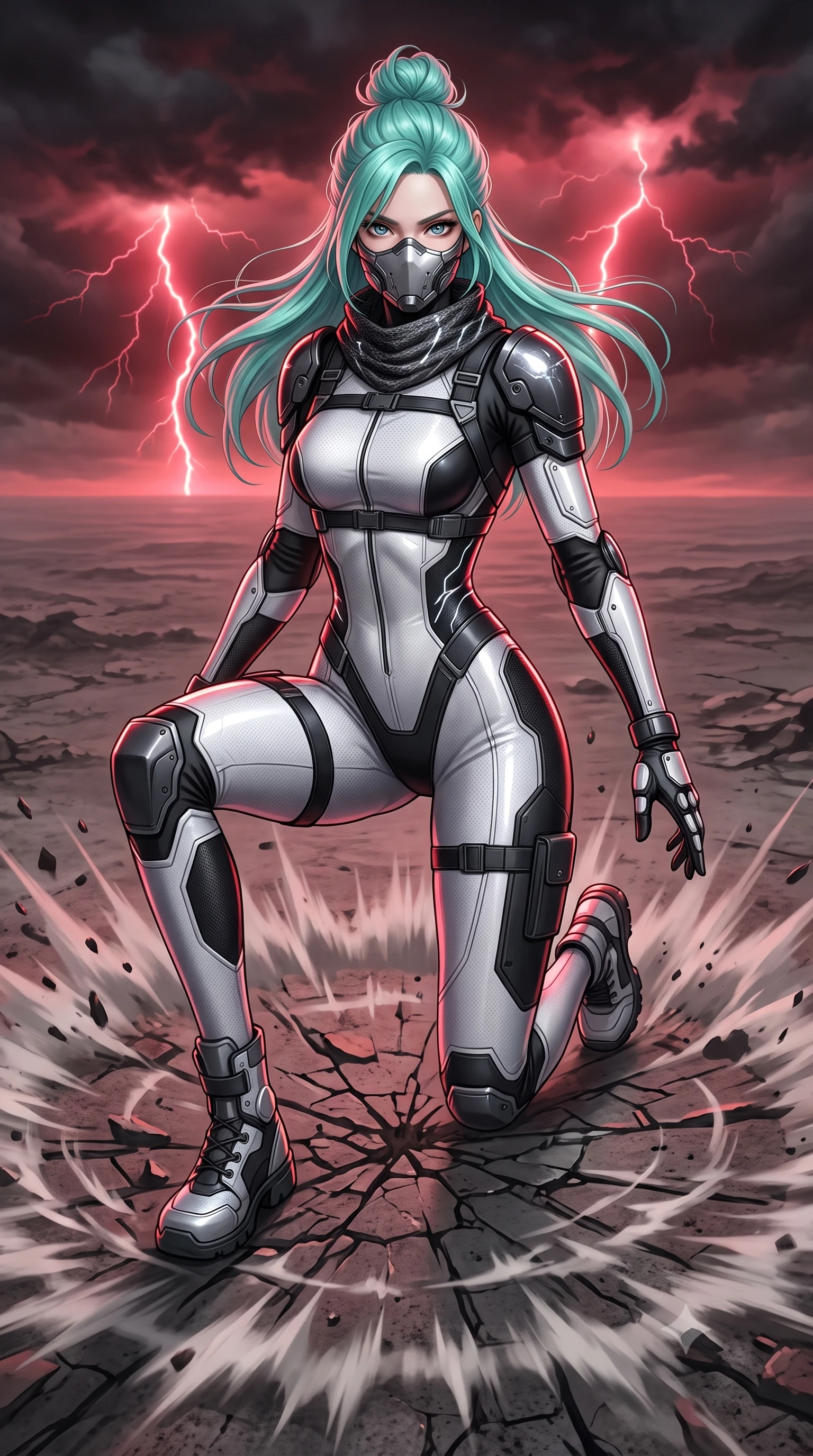 score_9, masterpiece, best quality, ultra-detailed, high-budget anime keyframe, semi-realistic 3D game render, editorial fashion photography, tasteful artistic composition, Japanese woman. low angle full-body shot from head to toe showing her feet, filling the entire 9:16 vertical frame with her statuesque presence, stretching her vertical silhouette. landing gracefully from a high-altitude leap on one knee and palm, her statuesque silhouette framed by radial shockwave ripples in the ground while marching solitary across an endless toxic ash wasteland beneath red lightning storm clouds with heavy armored pauldrons glistening. The surrounding environment is rendered in vivid detail and crisp panoramic clarity. detailed tactical scarf weave, lightning discharge filaments, and armor joint articulation in high clarity. She has an absolutely perfect, statuesque 8.5-heads proportion, an exceptionally tall and slender model-like female figure with impossibly long slender legs, a toned flat midriff, and an ultra-slim waist. sharp v-shaped jawline, high-bridge nose, intricate jewel-like eyes with depth, thick eyelashes, glossy lips with a natural sheen, fierce and resolute heroine expression, flawlessly proportioned anatomical accuracy, strict slender model proportions, natural body alignment, perfectly sculpted long slender limbs, ultra-slim waistline, clean dynamic posture without body distortion. wearing a sleek titanium half-face combat rebreather guard protecting her lower jaw while leaving her expressive eyes and long hair flowing freely, paired with a tailored tactical combat jumpsuit with an open-back harness design, reinforced composite breastplate, and high-mobility elbow dampers in monochrome white enamel carbon with high-contrast black tactical panels, tailored from flexible second-skin ballistic carbon-mesh adhering flawlessly to her athletic build, reinforced by a heavy-duty titanium tactical harness and glowing micro-energy status straps, the glove-like aerodynamic second-skin fit tightly clinging to her ultra-slender waist and athletic curves without adding bulk, accentuating her razor-sharp statuesque lines and slim hourglass silhouette. bathed in eerie crimson lightning storm backlighting and ominous dark ash ambient fill. rich saturated anime colors with glowing neon highlights, detailed shading with soft gradients, rich glossy textures, high-contrast stereoscopic depth, volumetric dynamic lighting, master piece, 9:16 ratio
