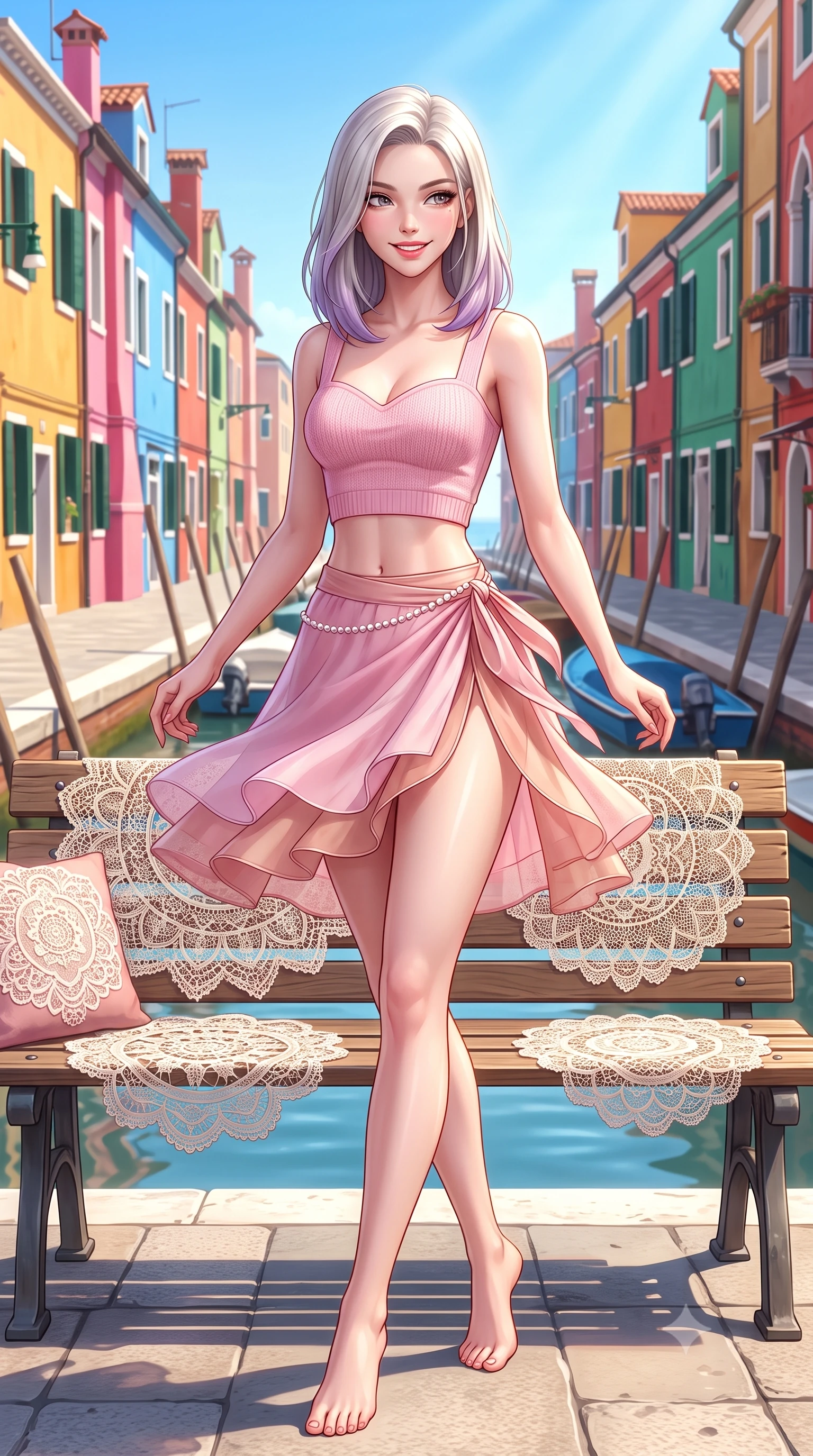 score_9, masterpiece, best quality, ultra-detailed, high-budget anime keyframe, semi-realistic 3D game render, editorial fashion photography, tasteful artistic composition, Caucasian woman. low angle full-body shot from head to toe showing her feet, filling the entire 9:16 vertical frame with her statuesque presence, stretching her vertical silhouette. executing a cheerful mid-motion pivot turn as her skirt flutters around her slender legs, glancing over her shoulder with an intoxicating, teasing cute expression while sitting on a sunlit wooden bench beside handmade Venetian lace displays with legs crossed, her flat midriff and curvy hips highlighted in the sun. The surrounding environment is rendered in vivid detail and crisp panoramic clarity. detailed knit top texture, bright sunlight glints on skin, and Burano canal architecture in high resolution. She has an exceptionally tall and slender model-like 8.5-heads proportion, an ultra-slim waist, a flat toned midriff, narrow delicate ribcage, and beautifully sculpted feminine hips creating a graceful, slim hourglass silhouette without any bulky heaviness, with impossibly long slender legs. sharp v-shaped jawline, high-bridge nose, intricate jewel-like sparkling eyes with depth, thick eyelashes, glossy parted lips with a natural peach sheen, bright cheerful beaming smile with an enchanting and coquettish sensual glint, exuding both youthful cute charm and seductive allure, flawlessly proportioned anatomical accuracy, strict slender model proportions, natural body alignment, perfectly sculpted long slender limbs, ultra-slim waistline, clean dynamic posture without body distortion. wearing a sweetheart-neckline baby-pink crop top with a high-slit wrap mini skirt accentuating her waist-to-hip curve in cherry blossom pink and soft rose gold, woven from layered gossamer organza with weightless flutter, accented with a dainty pearl waist chain catching the ambient sunlight, the glove-like silhouette tightly following the natural contour of her hips and long slender legs with youthful 8.5-heads elegance. bathed in brilliant midday Mediterranean sunlight reflecting off vibrant colorful walls. highly saturated vibrant anime colors, detailed shading with soft gradients, rich glossy textures, high-contrast stereoscopic depth, volumetric dynamic lighting, master piece, 9:16 ratio