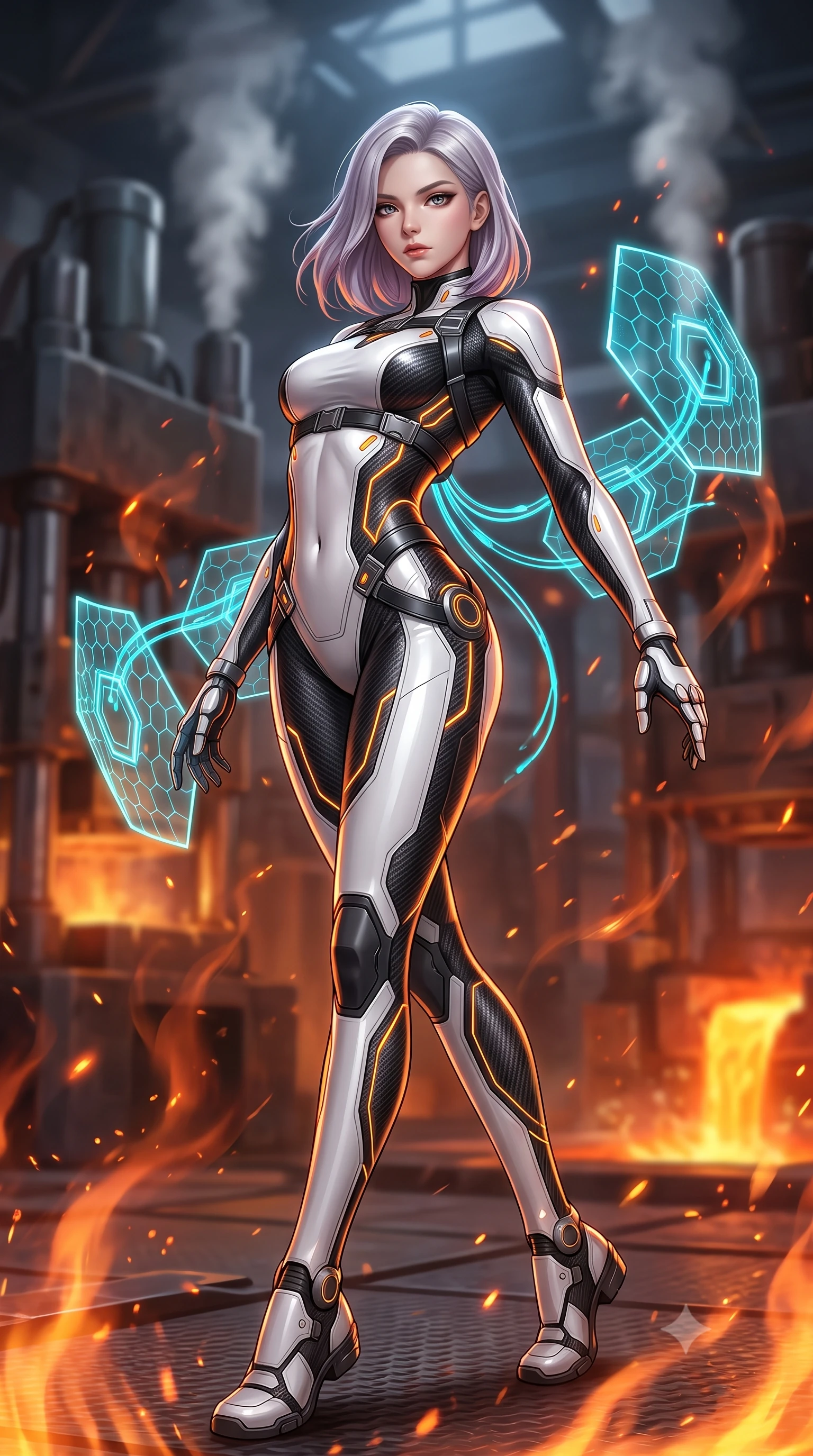 score_9, masterpiece, best quality, ultra-detailed, high-budget anime keyframe, semi-realistic 3D game render, editorial fashion photography, tasteful artistic composition, Caucasian woman. low angle full-body shot from head to toe showing her feet, filling the entire 9:16 vertical frame with her statuesque presence, stretching her vertical silhouette. pivoting dynamically in mid-motion with a breathtakingly alluring posture, displaying her flawless model proportions, toned flat midriff, and ultra-slim waist while arching her spine in a fluid stretch as rising heat waves and orange embers swirl around her sculpted silhouette. The composition keeps background elements in soft focus with creamy bokeh. massive industrial forge hydraulic presses and steam vents softened in atmospheric shallow focus. She has an absolutely perfect, statuesque 8.5-heads proportion, an exceptionally tall and slender model-like female figure with impossibly long slender legs, a toned flat midriff, and an ultra-slim waist. sharp v-shaped jawline, high-bridge nose, intricate jewel-like eyes with depth, thick eyelashes, glossy lips with a natural sheen, flawlessly proportioned anatomical accuracy, strict slender model proportions, natural body alignment, perfectly sculpted long slender limbs, ultra-slim waistline, clean dynamic posture without body distortion. wearing a high-contrast monochrome white-and-black carbon-composite exoskeleton suit with glowing amber circuitry, deploying floating hexagonal holographic energy shields with sovereign grace in matte obsidian carbon black with electric cyan conduits, crafted from ultra-strong woven carbon-fiber composite with a satin luster, reinforced by a sleek titanium tactical harness and glowing micro-energy straps, the sleek second-skin cut tightly hugging her graceful clavicle, narrow waist, and feminine curves with athletic precision. bathed in blazing orange magma uplights and intense molten plasma scythe glow. rich saturated anime colors with glowing neon highlights, detailed shading with soft gradients, rich glossy textures, high-contrast stereoscopic depth, volumetric dynamic lighting, master piece, 9:16 ratio