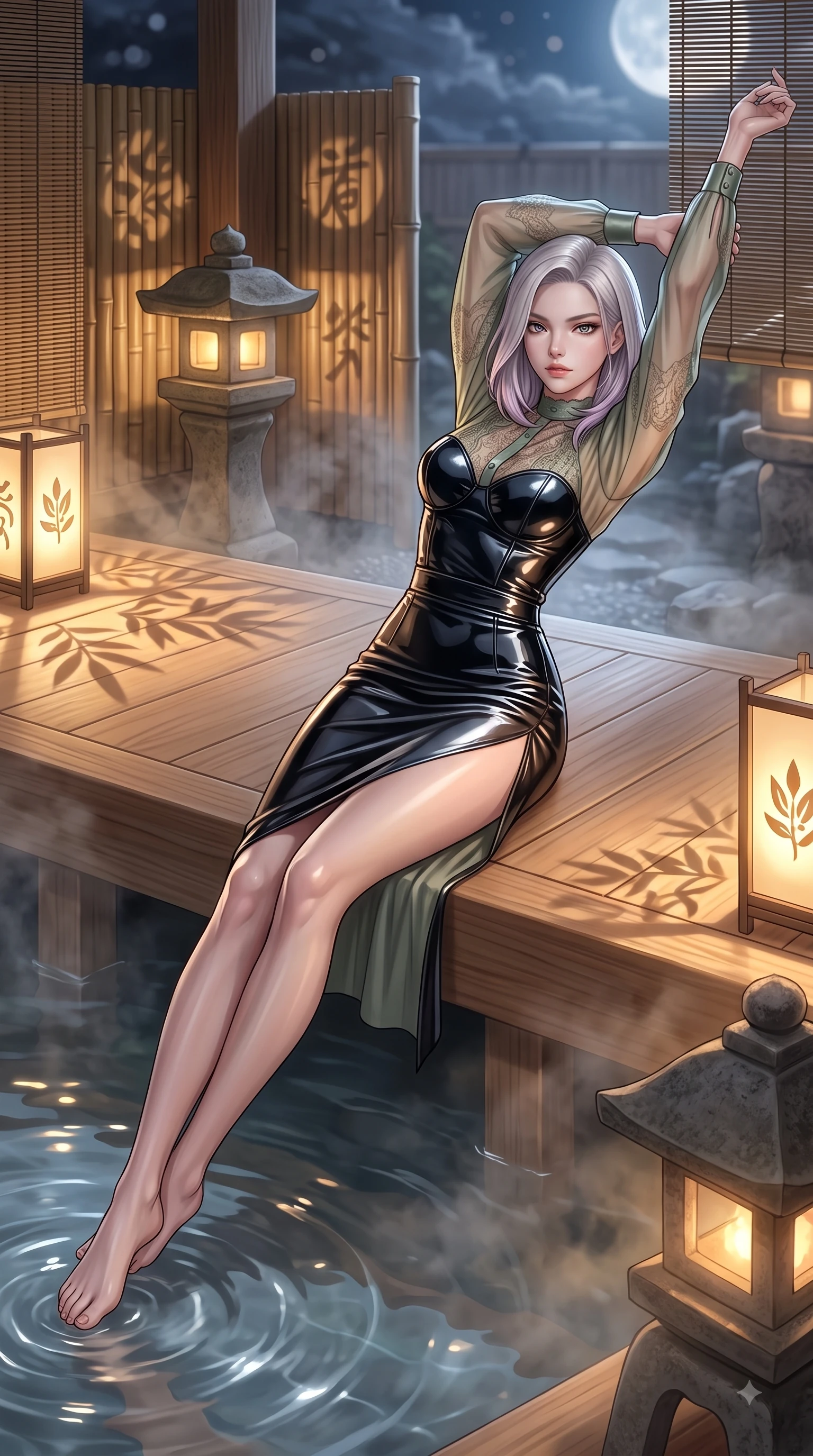 score_9, masterpiece, best quality, ultra-detailed, high-budget anime keyframe, editorial fashion photography, tasteful artistic composition, Caucasian woman. low angle full-body shot from head to toe showing her feet, filling the entire 9:16 vertical frame with her statuesque presence, stretching her vertical silhouette. stepping forward in a proud dynamic stride with an alluring waist tilt, her vertical silhouette filling the frame while lounging on a smooth hinoki wood platform in a moonlit hot spring surrounded by bamboo screens, bamboo partitions and stone lanterns casting peaceful organic stencil shadows. She has an absolutely perfect, statuesque 8.5-heads proportion, an exceptionally tall and slender model-like female figure with impossibly long slender legs and an ultra-slim waist. sharp v-shaped jawline, high-bridge nose, intricate jewel-like eyes with depth, thick eyelashes, glossy lips with a natural sheen, flawlessly proportioned anatomical accuracy, natural body alignment, perfectly sculpted elegant limbs, clean dynamic posture without body distortion. wearing a tailored leather bustier over a sheer silk chiffon blouse in sage green and oatmeal, tailored from high-gloss patent leather, finished with a sleek side slit ascending to mid-thigh, the sleek second-skin texture accentuating her magnetic presence. bathed in soft warm lantern light filtered through gentle thermal steam. ultra-reflective glossy finish, specular highlights, metallic sheen, high-contrast stereoscopic depth, volumetric dynamic lighting, 2k, ultra detail, master piece, 9:16 ratio