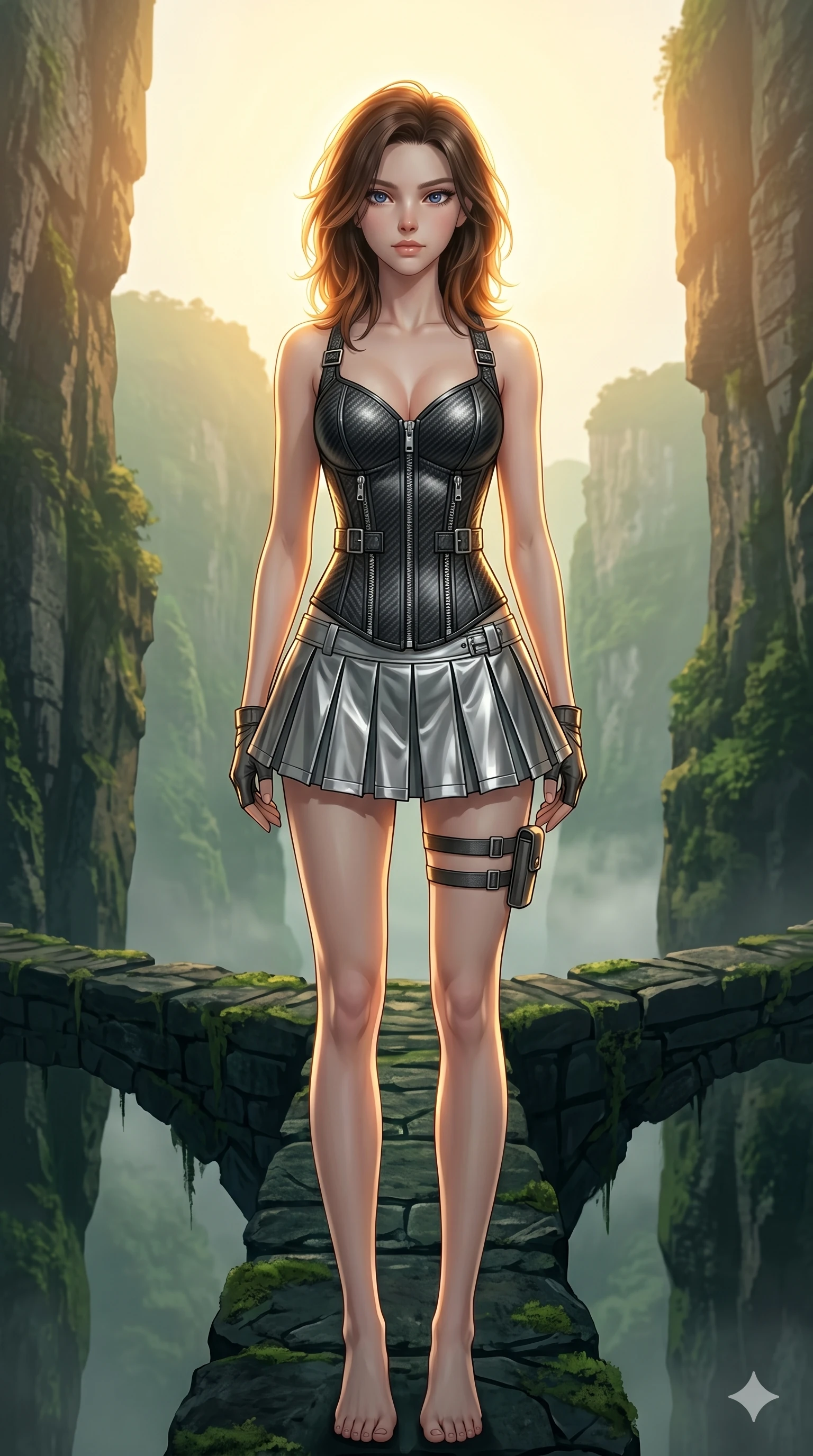 score_9, masterpiece, best quality, ultra-detailed, high-budget anime keyframe, editorial fashion photography, tasteful artistic composition, Korean woman. cowboy shot from the thighs up, character and outfit filling the frame for maximum editorial presence. Gazing past the camera with an air of effortless superiority on a floating bridge of dark stone connecting two cliffs in a misty green canyon. She has an absolutely perfect 8-heads proportion, an exceptionally tall and slender female figure with impossibly long slender legs and an ultra-slim waist. V-shaped jawline, high-bridge nose, intricate jewel-like eyes with depth, thick eyelashes, glossy lips with a natural sheen. wearing a carbon-fiber textured structured corset with silver zippers, paired with a pleated metallic silver mini combat skirt. under warm golden hour backlighting creating a luminous radiant halo around her silhouette. 2k, ultra detail, master piece, 9:16 ratio