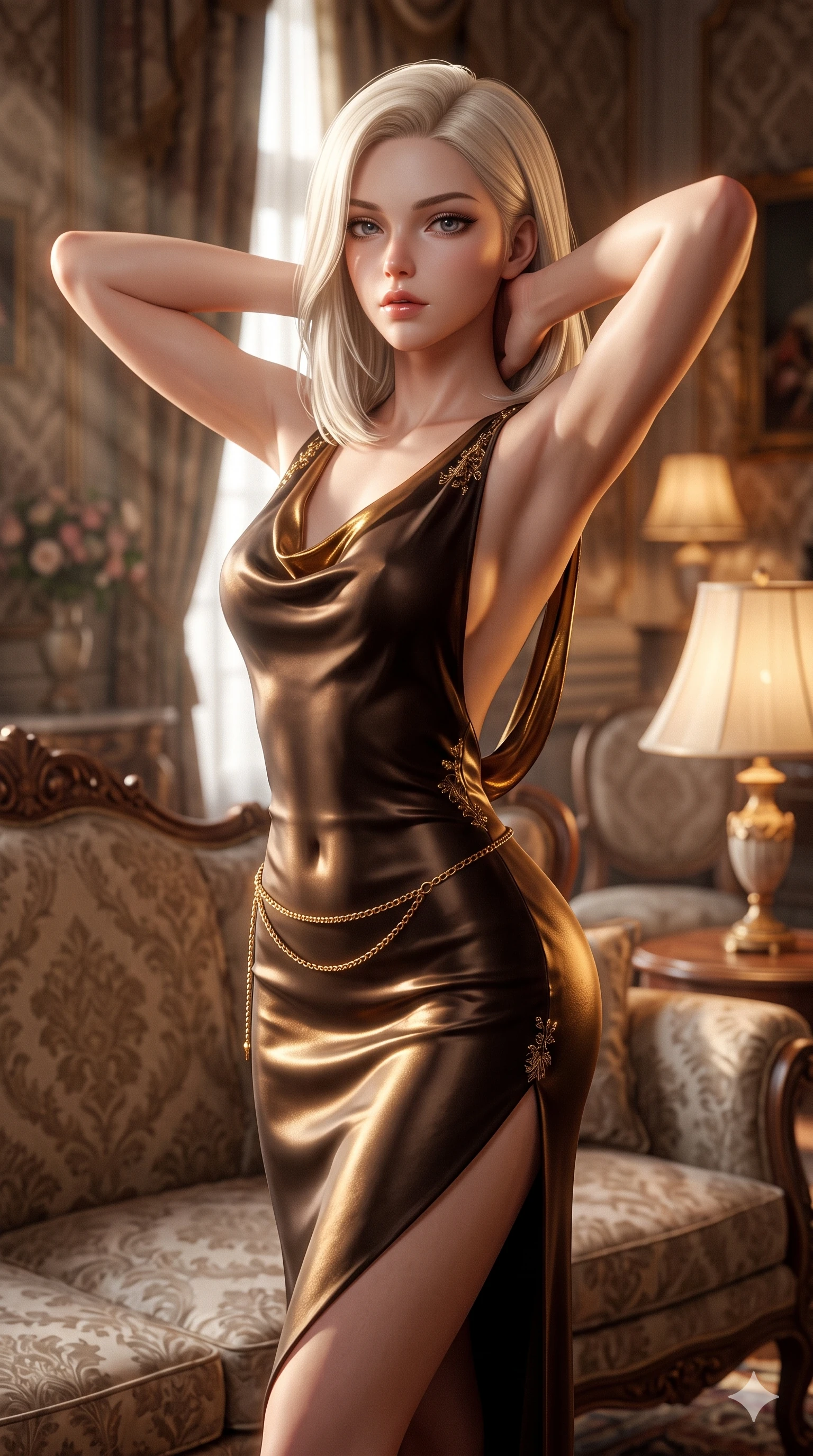 score_9, masterpiece, best quality, ultra-detailed, high-budget anime keyframe, semi-realistic 3D game render, editorial fashion photography, tasteful artistic composition, Caucasian woman. close-up cowboy shot from the waist and thighs up, the character dominates the composition, filling the frame with her large presence. resting both hands lightly behind her neck with elbows raised, arching her spine to highlight her narrow waist, flat midriff, and breathtaking collarbones while twisting her slender torso in an alluring contrapposto stance beside the settee, antique silk embroidery reflections tracing her narrow waist and curvy hips. The background shows a soft-focus vintage aristocratic salon atmosphere softened in damask salon shallow focus. She has an exceptionally elegant, slender, and willowy female figure with an ultra-slim waist, flat toned midriff, narrow ribcage, and sculpted feminine hips creating an alluring, slim hourglass silhouette without bulk. sharp v-shaped jawline, high-bridge nose, intricate jewel-like sparkling eyes with depth, thick eyelashes, glossy parted lips with a natural sheen, intensely captivating and seductive bedroom-eyes expression, exuding both youthful cute charm and sovereign luxury allure, flawlessly proportioned anatomical accuracy, strict slender model proportions, natural body alignment, perfectly sculpted long slender limbs, ultra-slim waistline, clean dynamic posture without body distortion. wearing a form-contouring gossamer silk chiffon slip dress with a hip-high slit and open cowl back clinging with dewy moisture in dark espresso brown and molten gold foil, tailored from smooth liquid silk satin that clings smoothly to her narrow waist and rounded hips with a dewy sheen, accented with a delicate gold chain belt resting loosely on her curvy hips, the form-contouring material adhering flawlessly to her sculpted flat midriff and slender torso, emphasizing her long leg lines and perfectly proportioned willowy build. bathed in the soft, intimate warm 2700K ambient light of silk-shaded table lamps mixed with angled window sunbeams. highly saturated vibrant anime colors, detailed shading with soft gradients, rich glossy textures, high-contrast stereoscopic depth, volumetric dynamic lighting, master piece, 9:16 ratio