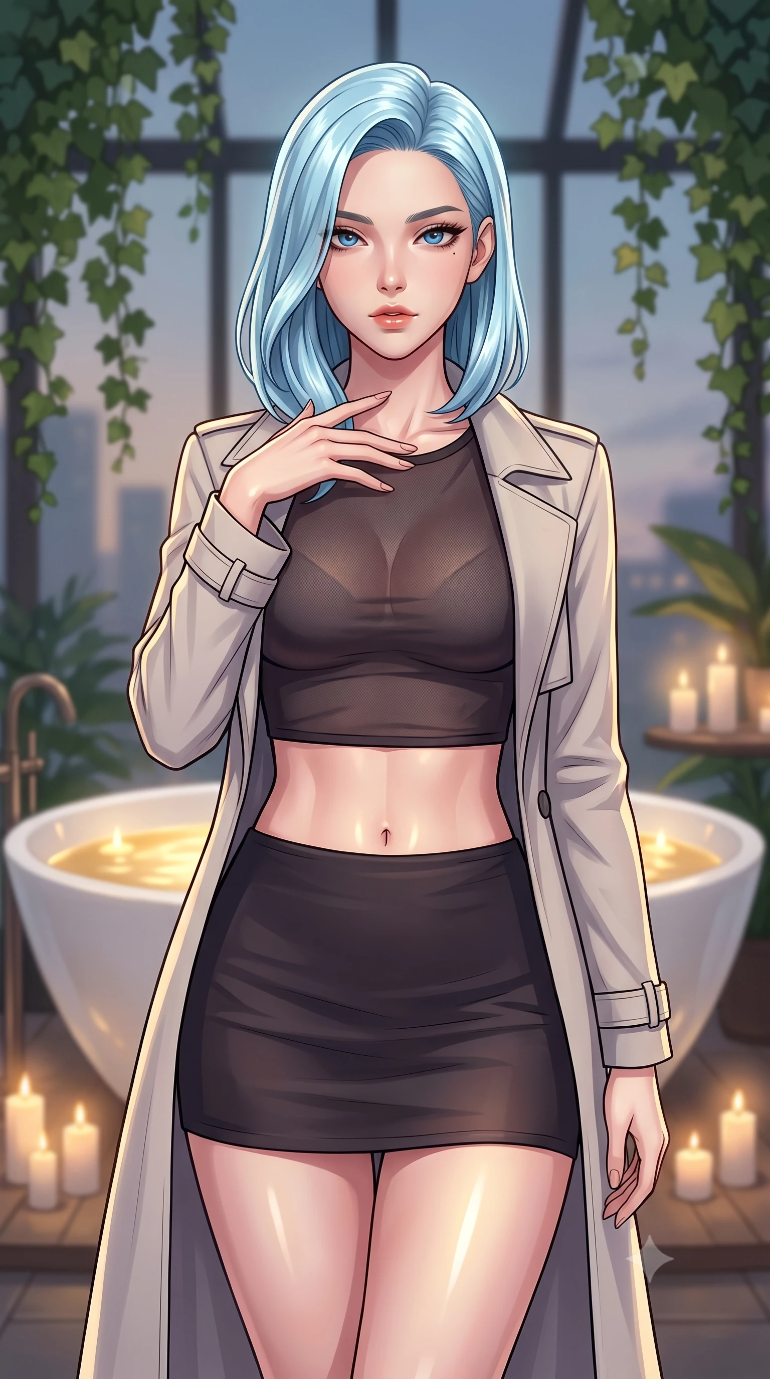 score_9, masterpiece, best quality, ultra-detailed, high-budget anime keyframe, tasteful artistic composition, Korean woman. close-up cowboy shot from the waist and thighs up, the character dominates the composition, filling the frame with her large presence, background elements kept in soft focus. standing with one hand resting on her collarbone, looking at the viewer with bedroom-eyes the background shows a soft-focus a luxurious penthouse greenhouse with hanging ivy and a freestanding white bathtub. She has an exceptionally elegant, slender, and willowy female figure with an ultra-slim waist, a gracefully sculpted slender torso, and a refined silhouette. sharp v-shaped jawline, high-bridge nose, intricate jewel-like eyes with depth, thick eyelashes, glossy lips with a natural sheen. wearing a slim-fit semi-opaque dark mesh crop top paired with a mini skirt, layered with a tailored light trench coat. soft candlelight casting a warm golden glow onto the water surface. highly saturated vibrant anime colors, cel-shading, 2d style, master piece, 9:16 ratio