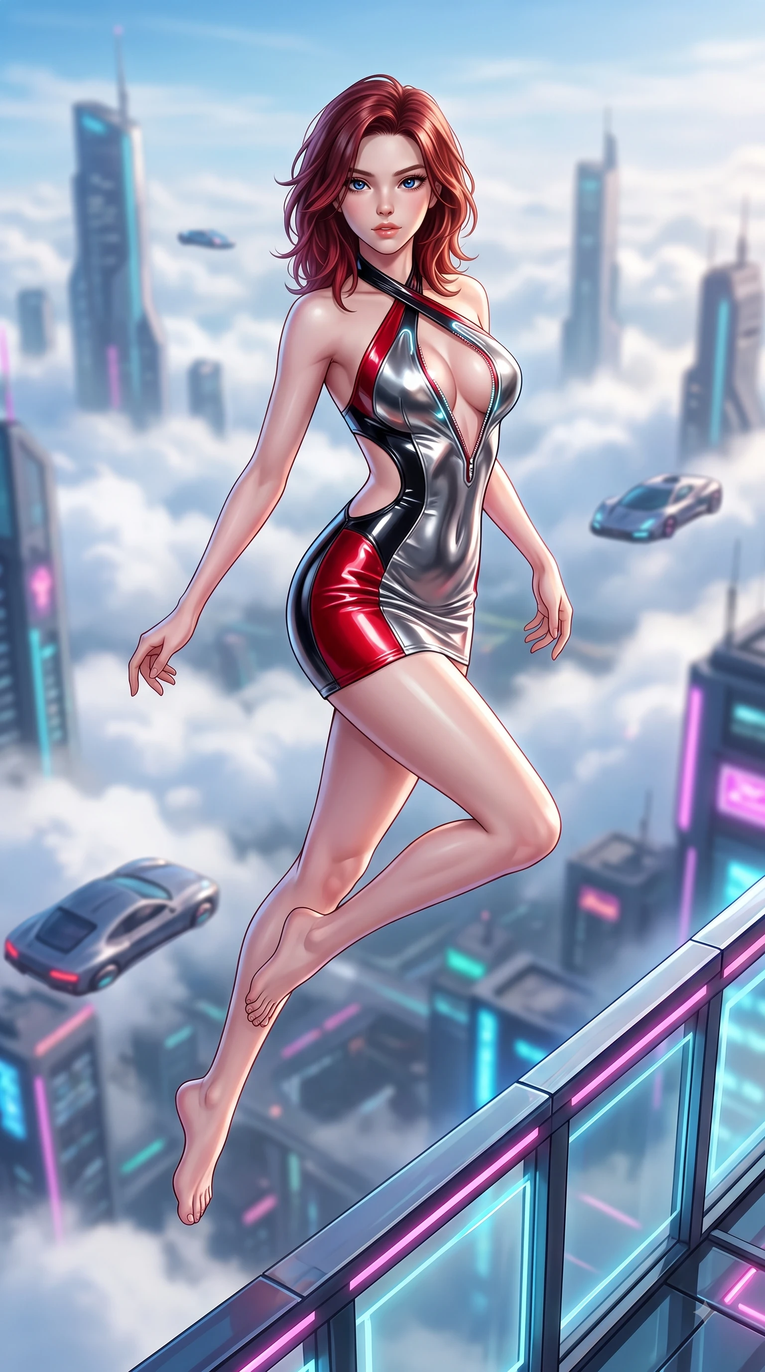 score_9, masterpiece, best quality, ultra-detailed, high-budget anime keyframe, semi-realistic 3D game render, editorial fashion photography, tasteful artistic composition, Korean woman. low angle full-body shot from head to toe showing her feet, filling the entire 9:16 vertical frame with her statuesque presence, stretching her vertical silhouette. leaping through mid-air with an athletic yet alluring arch of her spine, her impossibly long slender legs stretched in flawless poise while balancing with flawless poise on a neon-lit parapet high above the futuristic city clouds. The composition keeps background elements in soft focus with creamy bokeh. distant skyscraper towers and hovering aero-cars softened by shallow atmospheric focus. She has an absolutely perfect, statuesque 8.5-heads proportion, an exceptionally tall and slender model-like female figure with impossibly long slender legs and an ultra-slim waist. sharp v-shaped jawline, high-bridge nose, intricate jewel-like eyes with depth, thick eyelashes, glossy lips with a natural sheen, flawlessly proportioned anatomical accuracy, natural body alignment, perfectly sculpted elegant limbs, clean dynamic posture without body distortion. wearing a molten silver liquid-metal mini dress featuring deep side-waist cutouts and a daring crossover halter neckline in glossy obsidian black and radiant crimson red, crafted from ultra-reflective second-skin latex with a glass-like polish, featuring a dangerously unzipped neckline framed by glowing cybernetic accents, the sleek aerodynamic cut emphasizing her magnetic presence and alluring physical grace. surrounded by a dizzying, windswept, and exhilarating high-altitude sensual aura. highly saturated vibrant anime colors, detailed shading with soft gradients, rich glossy textures, high-contrast stereoscopic depth, volumetric dynamic lighting, master piece, 9:16 ratio