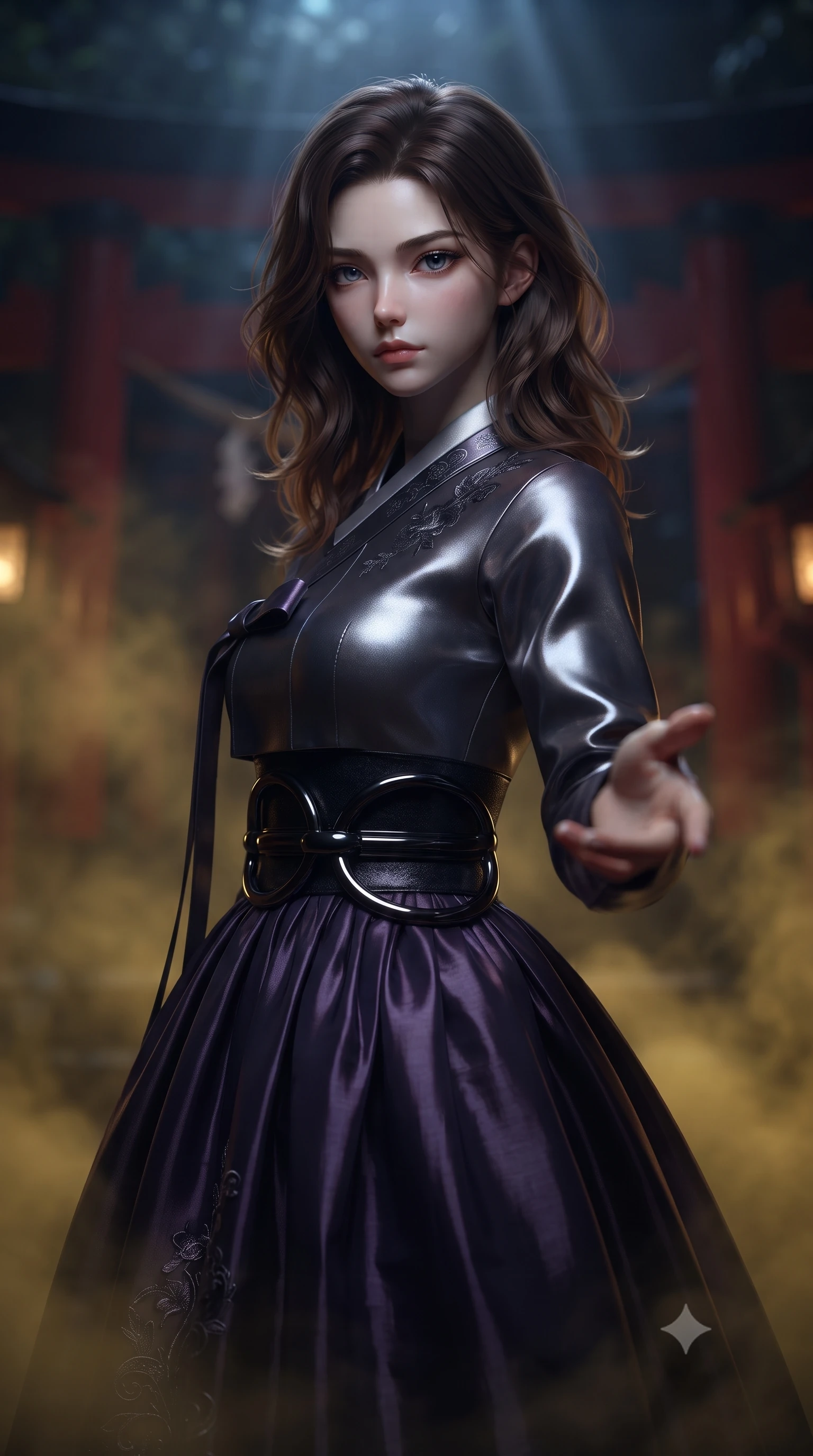 score_9, masterpiece, best quality, ultra-detailed, high-budget anime keyframe, editorial fashion photography, tasteful artistic composition, Korean woman. close-up cowboy shot from the waist and thighs up, the character dominates the composition, filling the frame with her large presence, background elements kept in soft focus. Reaching one hand toward the viewer with relaxed dark elegance, standing before an ancient dark shinto shrine shrouded in thick golden lantern fog, deep crimson and pitch-black traditional architectural details. She has an exceptionally elegant, slender, and willowy female figure with an ultra-slim waist, a gracefully sculpted slender torso, and a refined silhouette. sharp v-shaped jawline, high-bridge nose, intricate jewel-like eyes with depth, thick eyelashes, glossy lips with a natural sheen. wearing modern fusion dark hanbok dress with structured obsidian bodice in metallic dark silver, made of iridescent dark violet taffeta, accented with sculpted obsidian chrome rings at the waist, accentuating her gracefully sculpted slender torso. bathed in eerie gold mist glow and deep dark shadow silhouettes. ultra-reflective glossy finish, specular highlights, metallic sheen, high-contrast stereoscopic depth, volumetric dynamic lighting, 2k, ultra detail, master piece, 9:16 ratio