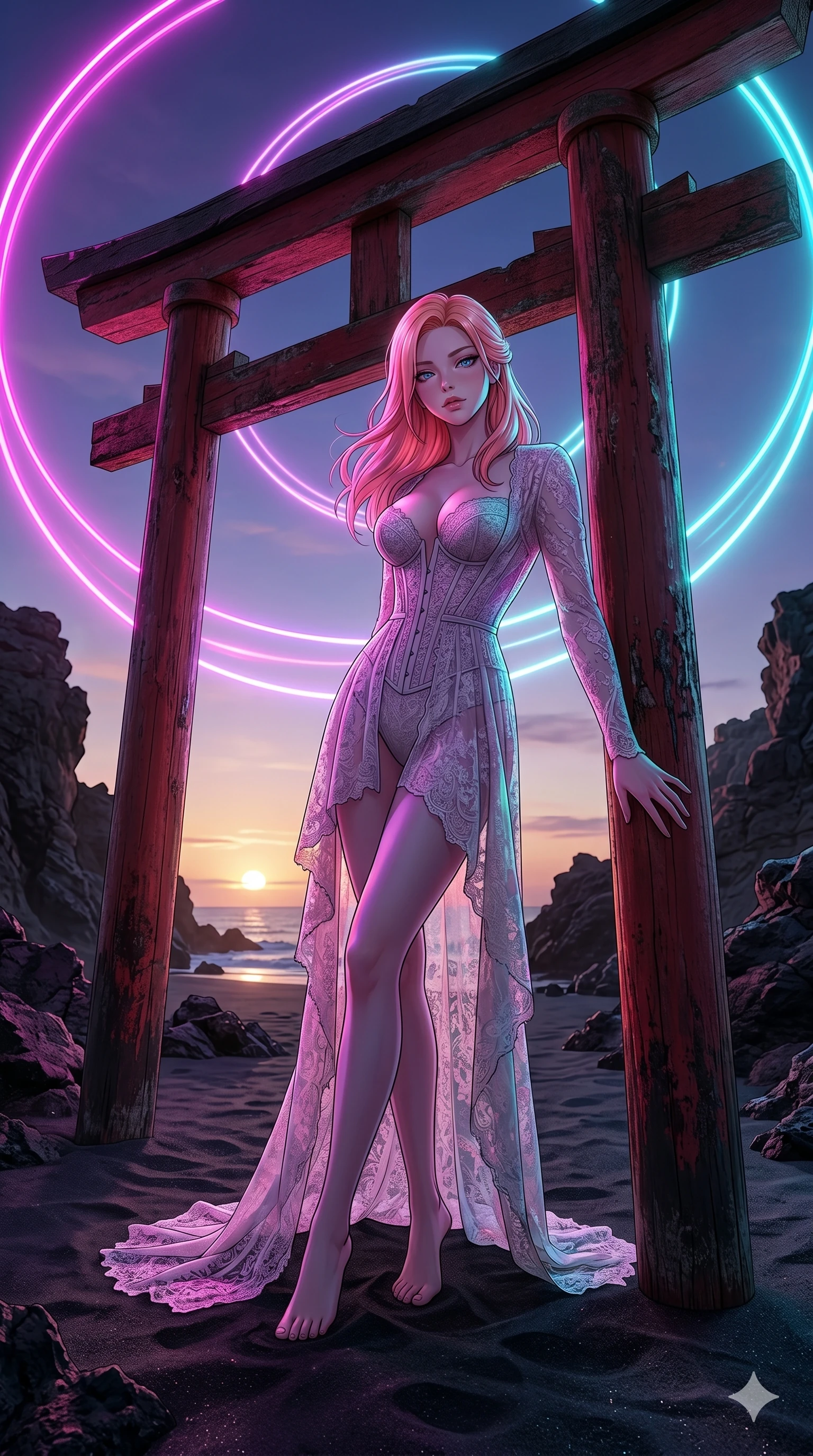 score_9, masterpiece, best quality, ultra-detailed, high-budget anime keyframe, editorial fashion photography, tasteful artistic composition, Japanese woman. cowboy shot from the thighs up, character and outfit filling the frame for maximum editorial presence. resting one hand on a wooden torii gate, casting a bedroom-eyes gaze on a volcanic beach at twilight (Code-P17-168). She has an absolutely perfect 8-heads proportion, an exceptionally tall and slender female figure with impossibly long slender legs and an ultra-slim waist. V-shaped jawline, high-bridge nose, intricate jewel-like eyes with depth, thick eyelashes, glossy lips with a natural sheen. wearing a structured lace corset with sweetheart neckline showing her cleavage. intense magenta and cyan holographic ring lights casting colorful highlights on her. 2k, ultra detail, master piece, 9:16 ratio