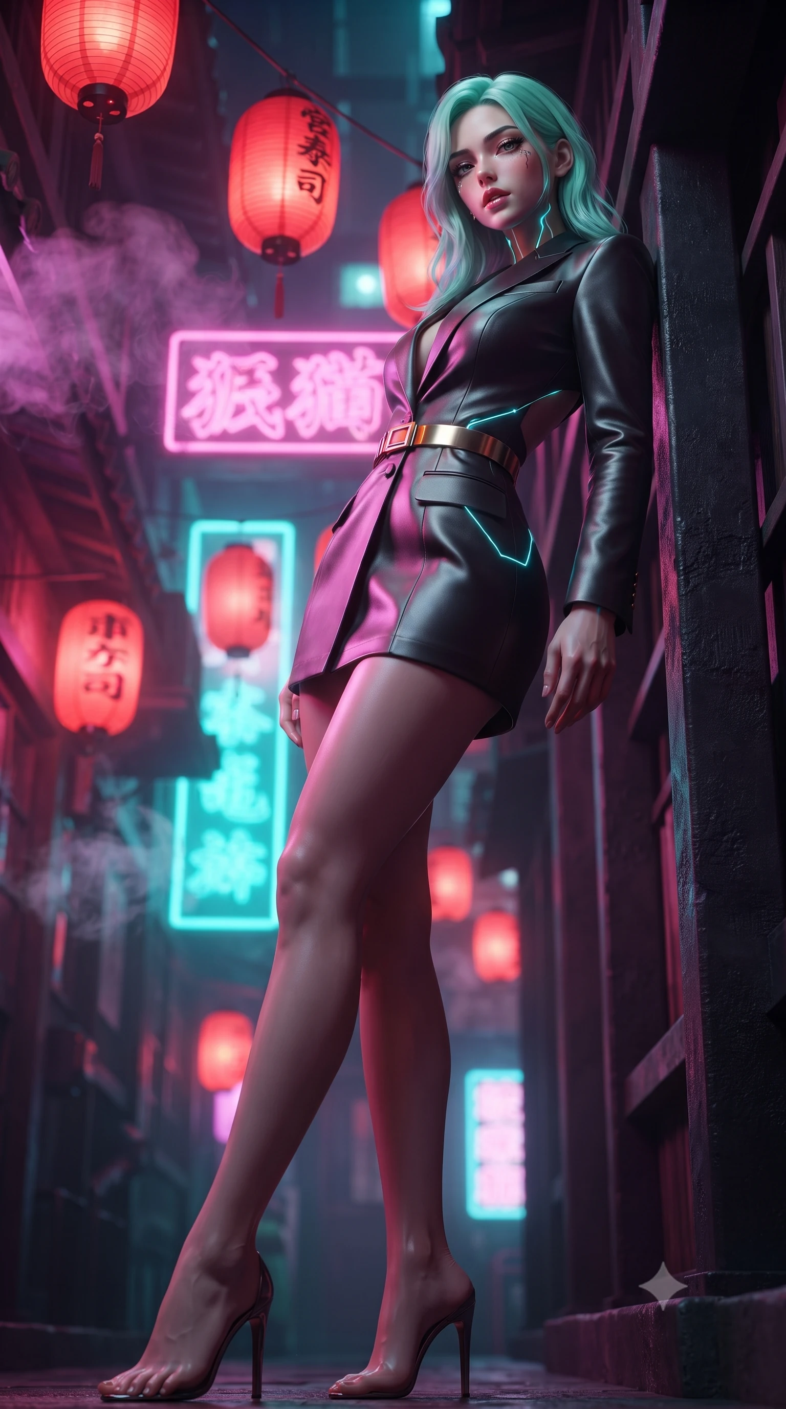 score_9, masterpiece, best quality, ultra-detailed, high-budget anime keyframe, editorial fashion photography, tasteful artistic composition, Japanese woman. low angle full-body shot from head to toe showing her feet, filling the entire 9:16 vertical frame with her statuesque presence, stretching her vertical silhouette. leaning deep against the structural architecture with hips cocked in an unapologetically bold, seductive high-fashion stance while standing poised beneath hanging crimson paper lanterns, twisting her slender torso in an alluring S-curve while looking down at the neon-lit alley below. The composition keeps background elements in soft focus with creamy bokeh. swirling tea steam vapors and glowing neon kanji signs blurred into electric magenta, turquoise, and lantern-scarlet bokeh. She has an absolutely perfect, statuesque 8.5-heads proportion, an exceptionally tall and slender model-like female figure with impossibly long slender legs, a toned flat midriff, an ultra-slim waist, and beautifully sculpted feminine hips. sharp v-shaped jawline, high-bridge nose, intricate jewel-like eyes with depth, thick eyelashes, glossy parted lips with a natural sheen, intensely captivating and seductive bedroom-eyes expression, flawlessly proportioned anatomical accuracy, strict slender model proportions, natural body alignment, perfectly sculpted long slender limbs, ultra-slim waistline, clean dynamic posture without body distortion. wearing a tailored satin tuxedo jacket dress with mandarin lapels and a slim gold-buckle belt in metallic gunmetal and laser orange, crafted from supple second-skin lambskin leather with liquid drape, accented with glowing cyan LED circuit lines tracing her hip bones and collarbones, the precision-cut side openings and low-back scoop framing her graceful spine and the sensual sweep of her hips. bathed in vibrant magenta and electric cyan neon light contrasting with warm lantern scarlet downlights. ultra-reflective glossy finish, specular highlights, rich textural contrasts, high-contrast stereoscopic depth, volumetric dynamic lighting, 2k, ultra detail, master piece, 9:16 ratio
