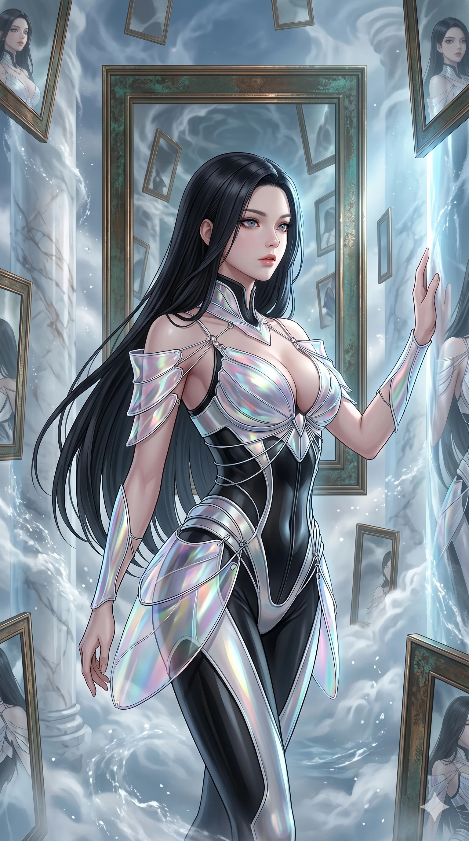 score_9, masterpiece, best quality, ultra-detailed, high-budget anime keyframe, Korean woman. upper body close-up from the thighs up, character filling the screen for maximum presence. wandering through a mirage cloud cathedral of translucent marble and water mist, surrounded by floating ancient bronze mirror walls. She has an absolutely perfect 8-heads proportion, an exceptionally tall and slender female figure with impossibly long slender legs and an ultra-slim waist. V-shaped jawline, high-bridge nose, intricate jewel-like eyes with depth, thick eyelashes, glossy lips with a natural sheen.. wearing a holographic ribbon shell armor, featuring thin iridescent plates linked by wire straps over a sleek structured base layer. lit by a soft glowing ambient light and a sharp side key light that traces the sleek contours of her athletic build. 2k, ultra detail, master piece, 9:16 ratio