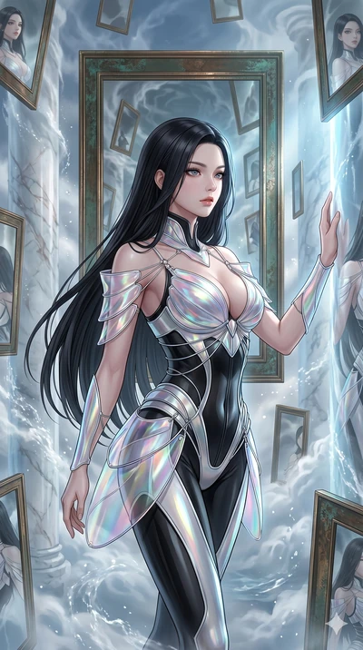score_9, masterpiece, best quality, ultra-detailed, high-budget anime keyframe, Korean woman. upper body close-up from the thighs up, character filling the screen for maximum presence. wandering through a mirage cloud cathedral of translucent marble 