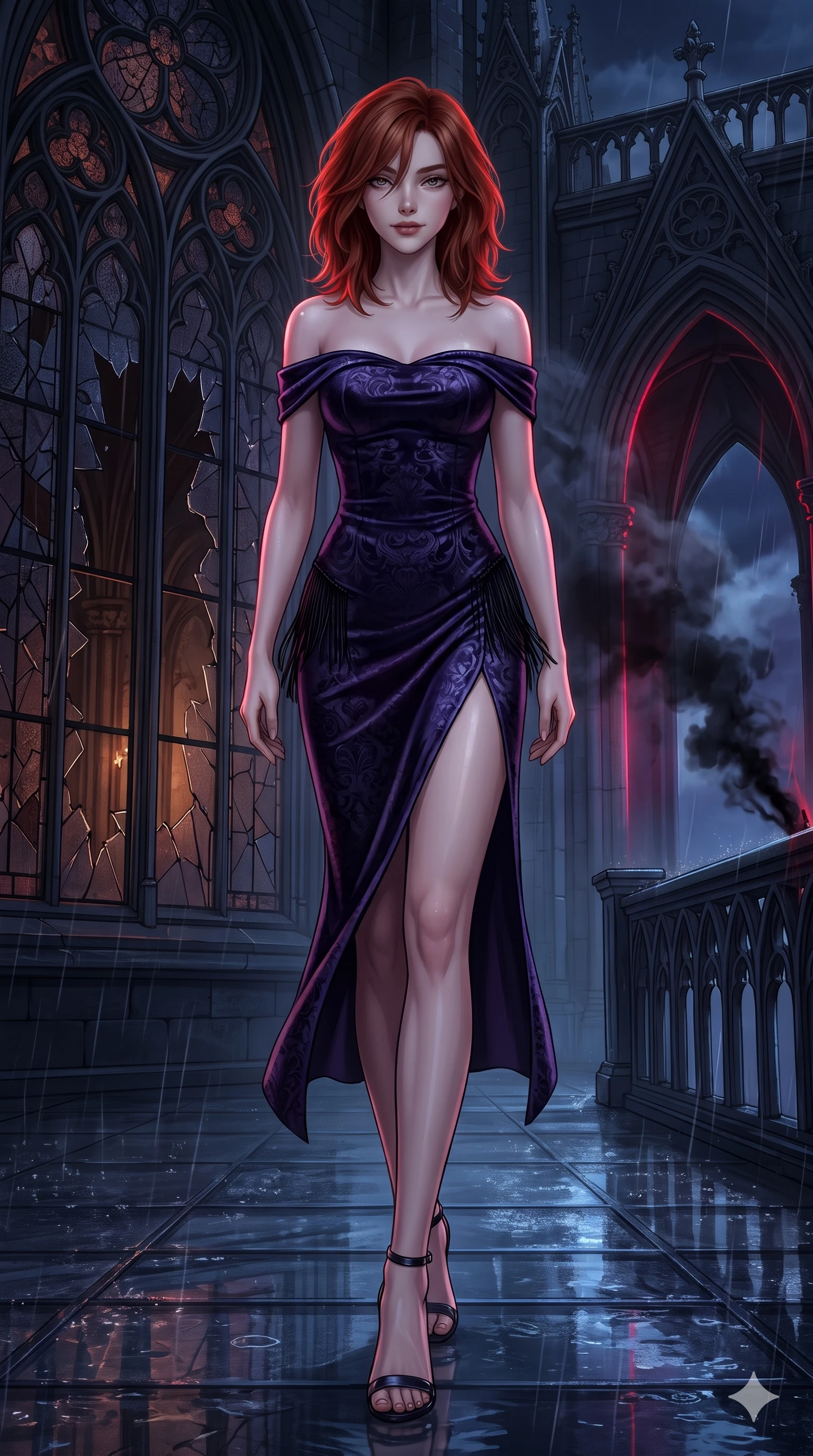 score_9, masterpiece, best quality, ultra-detailed, high-budget anime keyframe, semi-realistic 3D game render, editorial fashion photography, tasteful artistic composition, Korean woman. low angle full-body shot from head to toe showing her feet, filling the entire 9:16 vertical frame with her statuesque presence, stretching her vertical silhouette. striding across the rain-swept glass terrace, nocturnal breezes whipping her garments open to accentuate her long slender legs and curvy hips while standing before a shattered dark stained-glass window in a midnight gothic cathedral, dark smoke clouds from black incense drifting through cold air. The surrounding environment is rendered in vivid detail and crisp panoramic clarity: detailed precision-fitted liquid vinyl dress cling, onyx hardware accents, and gothic architectural lines in razor-sharp precision. She has an absolutely perfect, statuesque 8.5-heads proportion, an exceptionally tall and slender model-like female figure with impossibly long slender legs, an ultra-slim waist, a flat toned midriff, narrow delicate ribcage, and beautifully sculpted feminine hips creating a graceful, slim hourglass silhouette without any bulky heaviness. sharp v-shaped jawline, high-bridge nose, intricate jewel-like dark sparkling eyes with hypnotic seductive depth, thick curled eyelashes, glossy parted lips with a natural wine sheen, alluring bedroom-eyes with an enigmatic smoldering smile, exuding magnetic sovereign charisma and dark avant-garde glamour, flawlessly proportioned anatomical accuracy, strict slender model proportions, natural body alignment, perfectly sculpted long slender limbs, ultra-slim waistline, clean dynamic posture without body distortion. wearing a form-contouring off-shoulder dark velvet bodycon midi dress with low-back scoop in iridescent dark violet taffeta and midnight indigo, tailored from rich silk jacquard with subtle embossed baroque patterns, finished with delicate jet-black micro-fringe fluttering softly along her hips with each step, the glove-like silhouette tightly following the natural contour of her hips and long slender legs with youthful 8.5-heads elegance. bathed in sharp crimson laser rim light piercing cold midnight shadows and incense smoke. highly saturated vibrant anime colors, detailed shading with soft gradients, rich glossy textures, high-contrast stereoscopic depth, volumetric dynamic lighting, master piece, 9:16 ratio