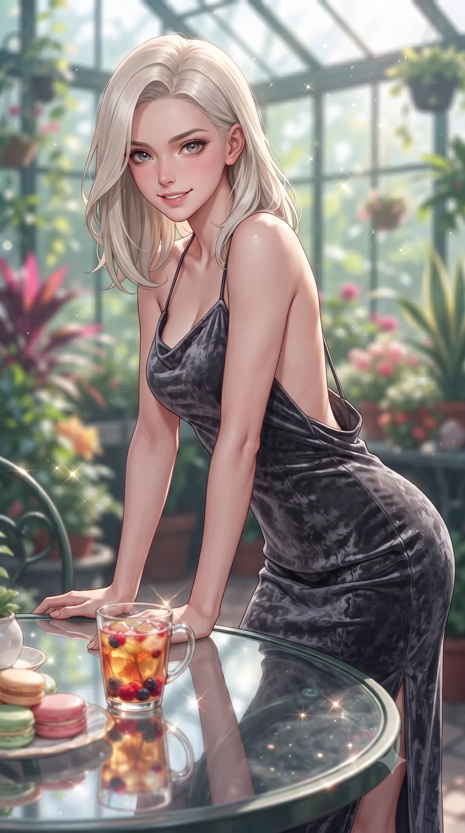 score_9, masterpiece, best quality, ultra-detailed, high-budget anime keyframe, editorial fashion photography, tasteful artistic composition, Caucasian woman. close-up cowboy shot from the waist and thighs up, the character dominates the composition, filling the frame with her large presence, background elements kept in soft focus. leaning slightly forward over the table with a playful, magnetic smile that locks direct eye contact set against a soft-focus background of inside an exclusive botanical greenhouse with a glass of iced fruit tea and delicate macaron pastries arranged on the table. She has an exceptionally elegant, slender, and willowy female figure with an ultra-slim waist, a gracefully sculpted slender torso, and a refined silhouette. sharp v-shaped jawline, high-bridge nose, intricate jewel-like eyes with depth, thick eyelashes, glossy lips with a natural sheen. wearing form-contouring charcoal crushed velvet backless linen halter dress featuring delicate straps and a draped open-back design featuring refined tailored seams. lit by crisp morning sun rays creating sparkling glints on polished glass and water. highly saturated vibrant anime colors, detailed shading with soft gradients, rich glossy textures, high-contrast stereoscopic depth, volumetric dynamic lighting, master piece, 9:16 ratio