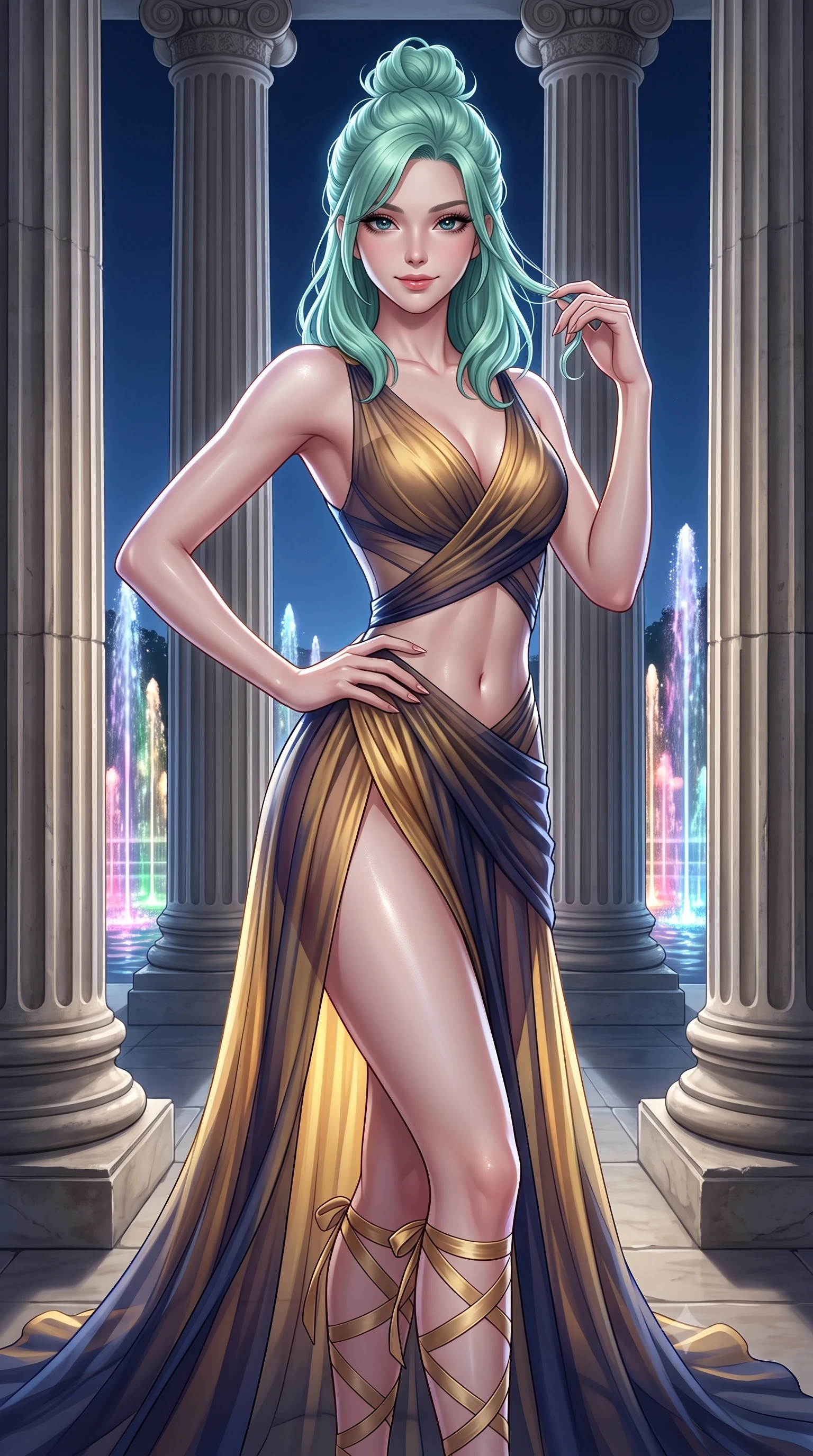 score_9, masterpiece, best quality, ultra-detailed, high-budget anime keyframe, semi-realistic 3D game render, editorial fashion photography, tasteful artistic composition, Japanese woman. close-up cowboy shot from the waist and thighs up, the character dominates the composition, filling the frame with her large presence. twisting her slender torso in an alluring contrapposto stance, one hand resting on her sculpted hip while her fingers toy with her hair with effortless poise while standing between massive classical fluted columns overlooking the illuminated fountains, arching her spine with sovereign nighttime grace. The surrounding environment is rendered in vivid detail and crisp panoramic clarity: detailed satin ballet leotard cling, moonlight glints on skin, and classical French neoclassical architecture in high resolution. She has an exceptionally elegant, slender, and willowy female figure with an ultra-slim waist, flat toned midriff, narrow ribcage, and sculpted feminine hips creating an alluring, slim hourglass silhouette without bulk. sharp v-shaped jawline, high-bridge nose, sparkling eyes with hypnotic seductive depth, thick curled eyelashes, glossy parted lips with a natural dewy peach sheen, alluring bedroom-eyes with an enchanting coquettish smile, exuding magnetic siren charisma and sophisticated glamour, flawlessly proportioned anatomical accuracy, strict slender model proportions, natural body alignment, perfectly sculpted long slender limbs, ultra-slim waistline, clean dynamic posture without body distortion. wearing a delicate sheer gossamer chiffon ballet wrap dress slipping off bare shoulders with a daring hip-high leg slit in molten liquid gold and midnight indigo, crafted from second-skin technical compression fabric with moisture-wicking stretch, finished with delicate satin ballet ribbon ties criss-crossing up her slender calves to the knee, the form-contouring silhouette accentuating her sculpted flat midriff, narrow delicate ribcage, and gracefully curvy hips with intoxicating allure. illuminated by fountain water caustic bounce and sharp platinum rim lights sculpting her delicate clavicles, narrow waist, and curvy hips. highly saturated vibrant anime colors, detailed shading with soft gradients, rich glossy textures, high-contrast stereoscopic depth, volumetric dynamic lighting, master piece, 9:16 ratio