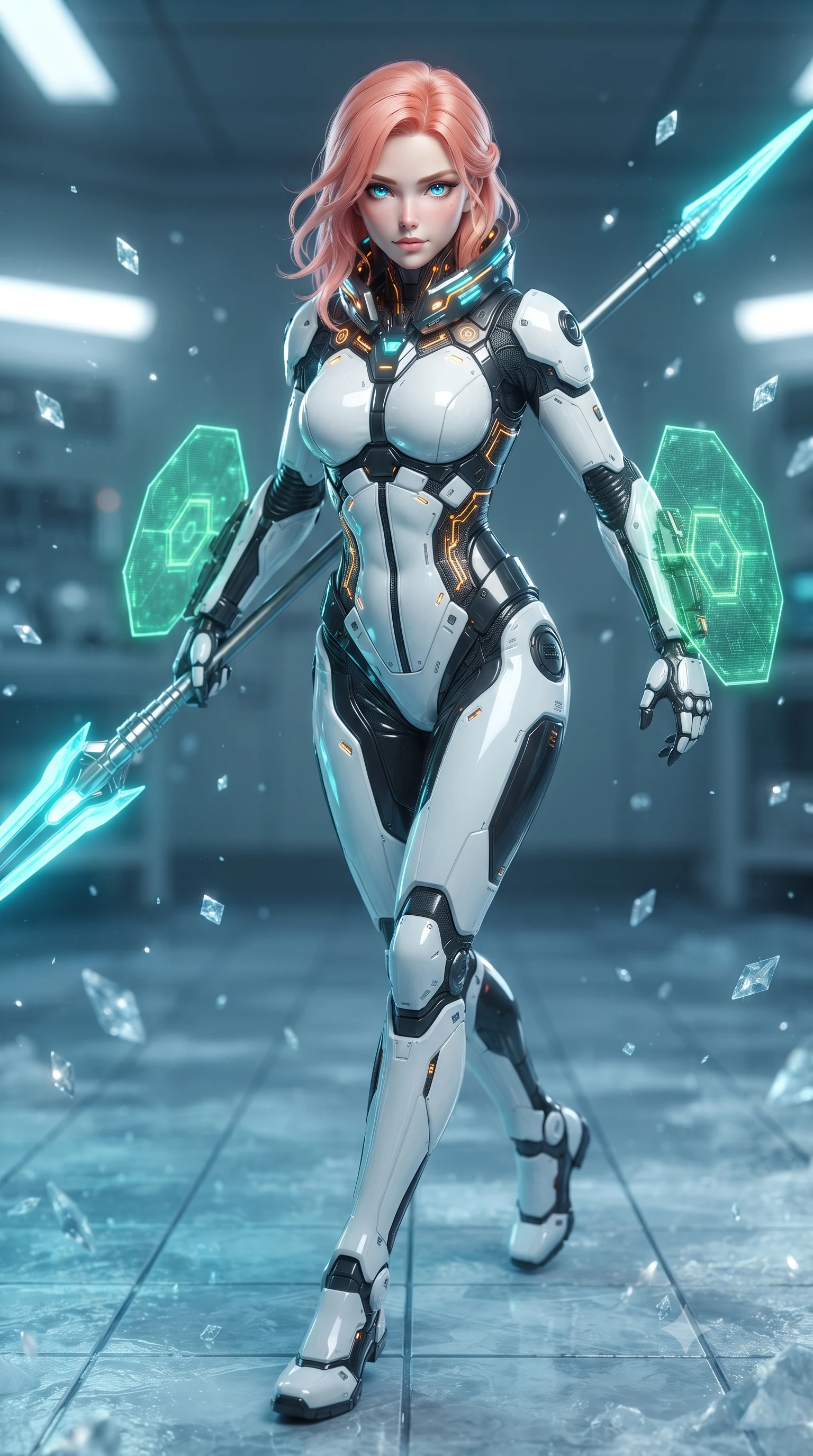 score_9, masterpiece, best quality, ultra-detailed, high-budget anime keyframe, editorial fashion photography, tasteful artistic composition, Japanese woman. close-up cowboy shot from the waist and thighs up, the character dominates the composition, filling the frame with her large presence. gazing forward with divine sovereign poise, captivating jewel-like eyes shining with transcendent focus while holding her weapon with effortless mastery while stepping across ice-slicked laboratory tiles with spear balanced horizontally, radiating sovereign arctic composure. The composition keeps background elements in soft focus with creamy bokeh. glistening diamond ice crystals scattering bright specular light motes across a cool backdrop. She has an exceptionally elegant, slender, and willowy female figure with an ultra-slim waist, a gracefully sculpted slender torso, toned flat midriff, and a refined slim silhouette. sharp v-shaped jawline, high-bridge nose, intricate jewel-like eyes with depth, thick eyelashes, glossy lips with a natural sheen, flawlessly proportioned anatomical accuracy, strict slender model proportions, natural body alignment, perfectly sculpted long slender limbs, ultra-slim waistline, clean dynamic posture without body distortion. wearing a high-contrast monochrome white-and-black carbon-composite exoskeleton suit with glowing amber circuitry, deploying floating hexagonal holographic energy shields with sovereign grace in emerald green carbon composite with glowing lime laser channels, formed from high-gloss patent carbon-plating with specular chiaroscuro reflections, featuring a sleek aerodynamic collar framed by subtle glowing cybernetic status LEDs, the sleek second-skin cut tightly hugging her graceful clavicle, narrow waist, and feminine curves with athletic precision. bathed in glowing cyan cryo-energy spear radiance and cool white emergency strobe lighting. ultra-reflective glossy finish, specular highlights, dark metallic sheen, high-contrast stereoscopic depth, volumetric dynamic lighting, 2k, ultra detail, master piece, 9:16 ratio