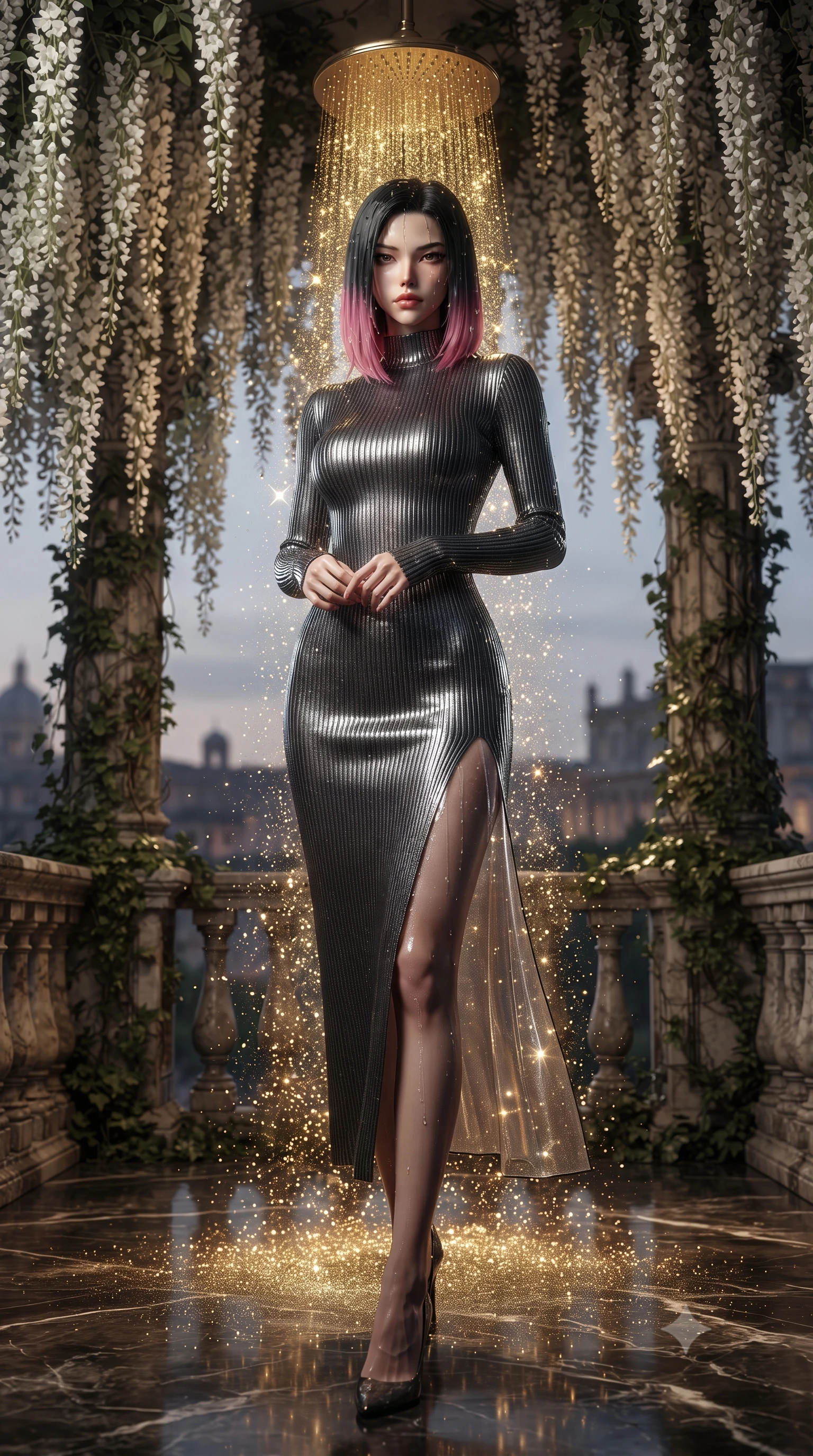 score_9, masterpiece, best quality, ultra-detailed, High-budget Anime Keyframe, editorial fashion photography, tasteful artistic composition, realistic cosplay photography, East Asian woman. Low angle cowboy shot filling the entire 9:16 frame with her statuesque presence. Scenario 336: showering under a cascade of glittering gold stardust inside a quiet balcony surrounded by trailing white wisteria flowers. Her presence is magnetic and overpowering in this high-budget cinematic scene. Outfit 336: a body-hugging ribbed bodycon knit second with a thigh-high slit and translucent layers. The clothing is designed to emphasize her exceptionally tall and slender 8-heads proportion. 8-heads proportion, towering silhouette, ultra-slim waist. sharp v-shaped jawline, intricate jewel-like eyes with depth, thick eyelashes, glossy lips. ultra-reflective glossy finish, specular highlights, metallic sheen, high-contrast stereoscopic depth, volumetric dynamic lighting, 2k, ultra detail, master piece, 9:16 ratio