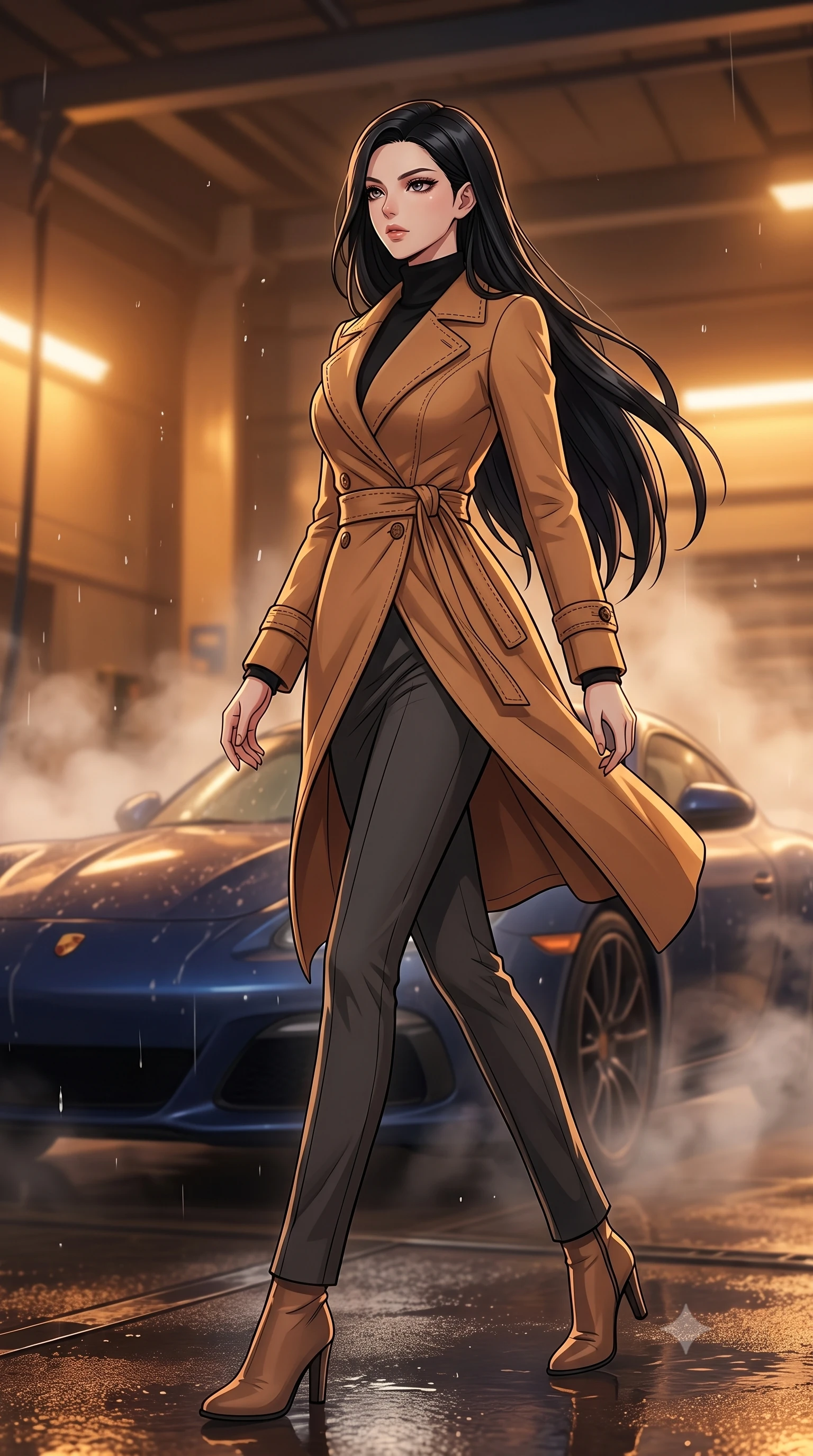 score_9, masterpiece, best quality, ultra-detailed, high-budget anime keyframe, tasteful artistic composition, Korean woman. low angle full-body shot from head to toe showing her feet, filling the entire 9:16 vertical frame with her statuesque presence, stretching her vertical silhouette. stepping gracefully while looking back over her shoulder, her dress draped tightly to reveal her silhouette the background shows a soft-focus an automated wash bay with steam rising softly around a dark blue sports car. She has an absolutely perfect, statuesque 8.5-heads proportion, an exceptionally tall and slender model-like female figure with impossibly long slender legs and an ultra-slim waist. sharp v-shaped jawline, high-bridge nose, intricate jewel-like eyes with depth, thick eyelashes, glossy lips with a natural sheen. wearing a slim-fit warm camel-colored wrap coat over a black turtleneck sweater and charcoal slacks. warm low-key amber lights highlighting the glossy steam and wet textures. highly saturated vibrant anime colors, cel-shading, 2d style, master piece, 9:16 ratio