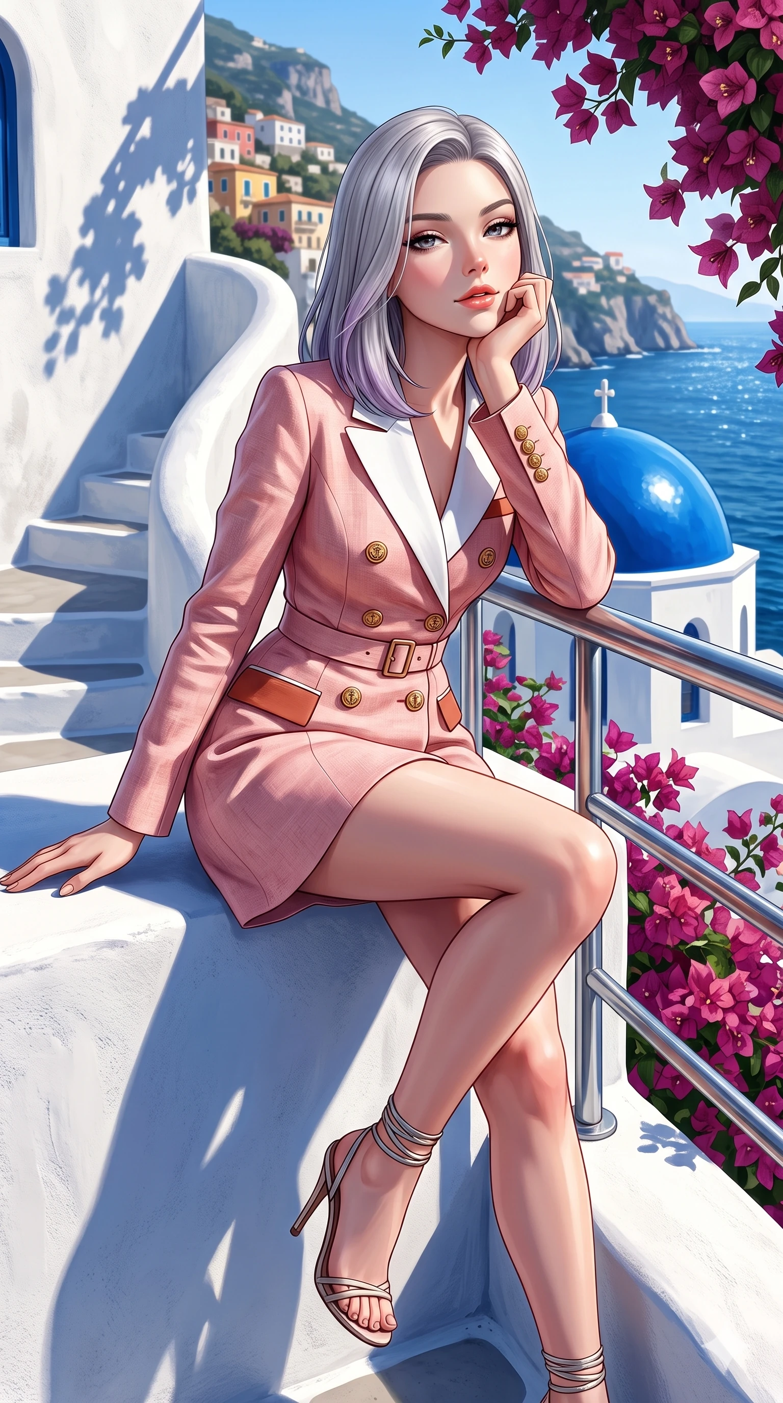 score_9, masterpiece, best quality, ultra-detailed, high-budget anime keyframe, semi-realistic 3D game render, editorial fashion photography, tasteful artistic composition, Caucasian woman. close-up cowboy shot from the waist and thighs up, the character dominates the composition, filling the frame with her large presence. resting one elbow on the yacht railing and supporting her chin, leaning close to the camera with heavy-lidded sparkling eyes and parted lips while sitting poised on the whitewashed terrace parapet with one knee bent, arching her spine with supermodel elegance as she glances upward through thick eyelashes. The surrounding environment is rendered in vivid detail and crisp panoramic clarity: sharp whitewashed stair edge curves, glossy cobalt dome enamel paint, and delicate bougainvillea petal veins in deep focus. She has an exceptionally elegant, slender, and willowy female figure with an ultra-slim waist, flat toned midriff, narrow ribcage, and sculpted feminine hips creating an alluring, slim hourglass silhouette without bulk. sharp v-shaped jawline, high-bridge nose, sparkling eyes with hypnotic seductive depth, thick curled eyelashes, glossy parted lips with a natural dewy peach sheen, alluring bedroom-eyes with an enchanting coquettish smile, exuding magnetic siren charisma and sophisticated glamour, flawlessly proportioned anatomical accuracy, strict slender model proportions, natural body alignment, perfectly sculpted long slender limbs, ultra-slim waistline, clean dynamic posture without body distortion. wearing a tailored double-breasted nautical yachting blazer dress with gold anchor crest buttons and crisp white lapels in Positano pastel rose and terracotta brick, woven from bespoke sun-bleached selvedge linen with rich tactile slub texture, complemented by strappy stiletto sandals with metallic ankle wraps accentuating her slender calves, the impeccably tailored cut draping gracefully along her slender figure with aristocratic resort poise. bathed in the intense, crystal-clear 4000K Mediterranean sun casting crisp, geometric dark blue shadows on organic white plaster surfaces. highly saturated vibrant anime colors, detailed shading with soft gradients, rich glossy textures, high-contrast stereoscopic depth, volumetric dynamic lighting, master piece, 9:16 ratio