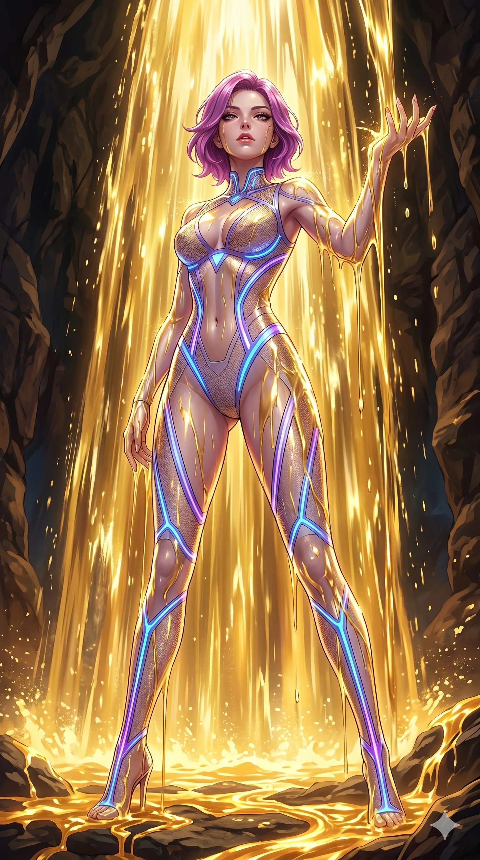 score_9, masterpiece, best quality, ultra-detailed, High-budget Anime Keyframe, East Asian woman. Low angle cowboy shot filling the entire 9:16 frame with her statuesque presence. Scenario 149: Standing under a waterfall of liquid gold, the fluid coating her form. Her presence is magnetic and overpowering in this high-budget anime scene. Outfit 149: A micro-mesh lace sheer with a sheer panels and glowing LED seams. The clothing is designed to emphasize her exceptionally tall and slender 8-heads proportion. 8-heads proportion, towering silhouette, ultra-slim waist. sharp v-shaped jawline, intricate jewel-like eyes with depth, thick eyelashes, glossy lips. 2k, ultra detail, master piece, 9:16 ratio