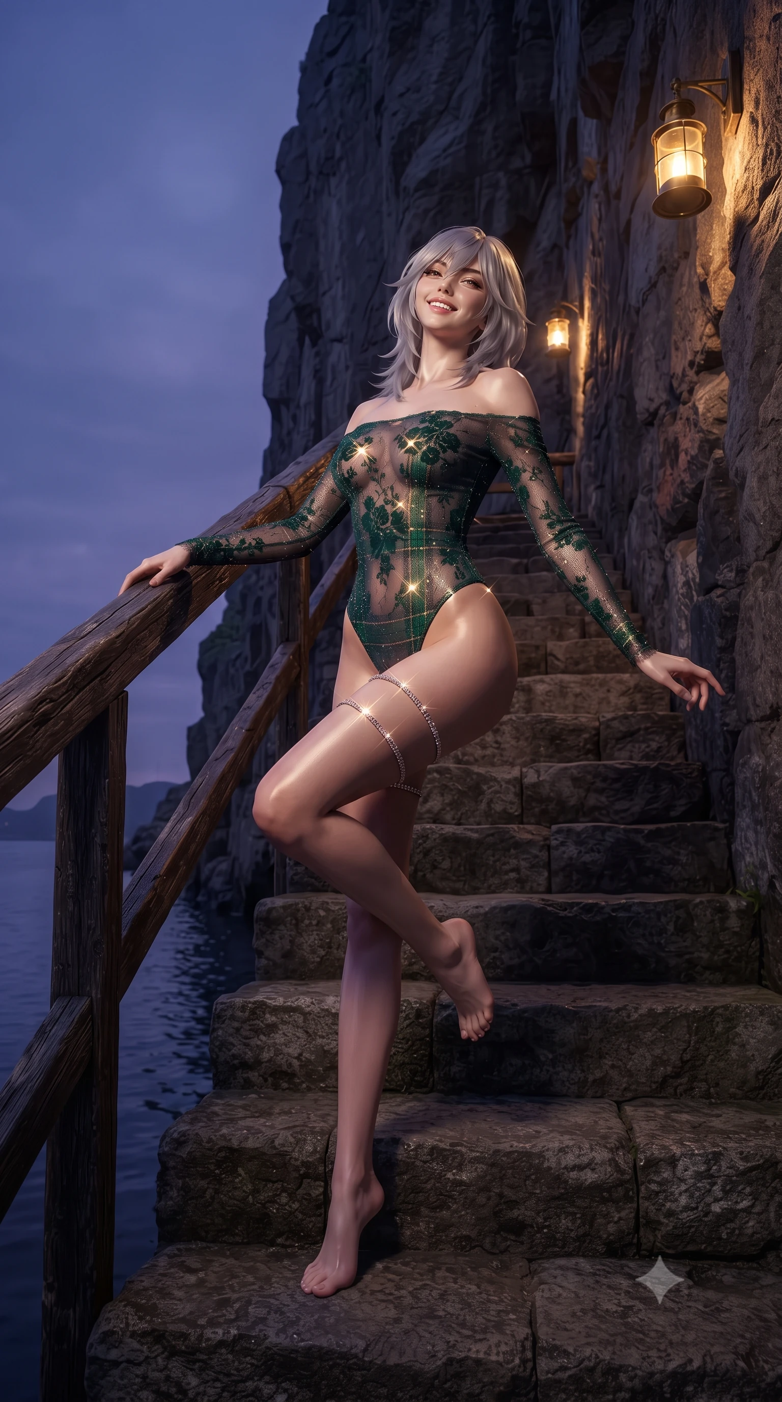score_9, masterpiece, best quality, ultra-detailed, high-budget anime keyframe, editorial fashion photography, tasteful artistic composition, Japanese woman. low angle full-body shot from head to toe showing her feet, filling the entire 9:16 vertical frame with her statuesque presence, stretching her vertical silhouette. sitting poised on the stone steps with one knee bent, arching her spine with supermodel elegance as she glances upward through thick eyelashes while leaning against the rustic timber railing with hips cocked back, looking up at the 800-meter vertical rock walls sheltering the harbor with smoldering bedroom-eyes. The surrounding environment is rendered in vivid detail and crisp panoramic clarity: detailed garment cut, fine fabric drape, and UNESCO heritage wooden craft in high resolution. She has an exceptionally tall and slender model-like 8.5-heads proportion, an ultra-slim waist, a flat toned midriff, narrow delicate ribcage, and beautifully sculpted feminine hips creating a graceful, slim hourglass silhouette without any bulky heaviness, with impossibly long slender legs. sharp v-shaped jawline, high-bridge nose, intricate jewel-like sparkling eyes with depth, thick eyelashes, glossy parted lips with a natural peach sheen, bright cheerful beaming smile with an enchanting and coquettish sensual glint, exuding both youthful cute charm and seductive allure, flawlessly proportioned anatomical accuracy, strict slender model proportions, natural body alignment, perfectly sculpted long slender limbs, ultra-slim waistline, clean dynamic posture without body distortion. wearing an off-the-shoulder sheer-illusion lace bodysuit with strategic floral flocking and high-cut leg openings in Balmoral royal tartan emerald and gilded brass, woven from stretch metallic lurex jersey casting radiant starlight glints across her curves, finished with delicate crystal-encrusted thigh garter straps glinting in the dim light, the second-skin tailored fabric adhering flawlessly to her sculpted flat midriff and slender torso, emphasizing her long leg lines and perfectly proportioned willowy build. bathed in the warm 2300K glow of vintage brass dock lanterns contrasted with cool Arctic evening sky. ultra-reflective glossy finish, specular highlights, rich textural contrasts, high-contrast stereoscopic depth, volumetric dynamic lighting, 2k, ultra detail, master piece, 9:16 ratio
