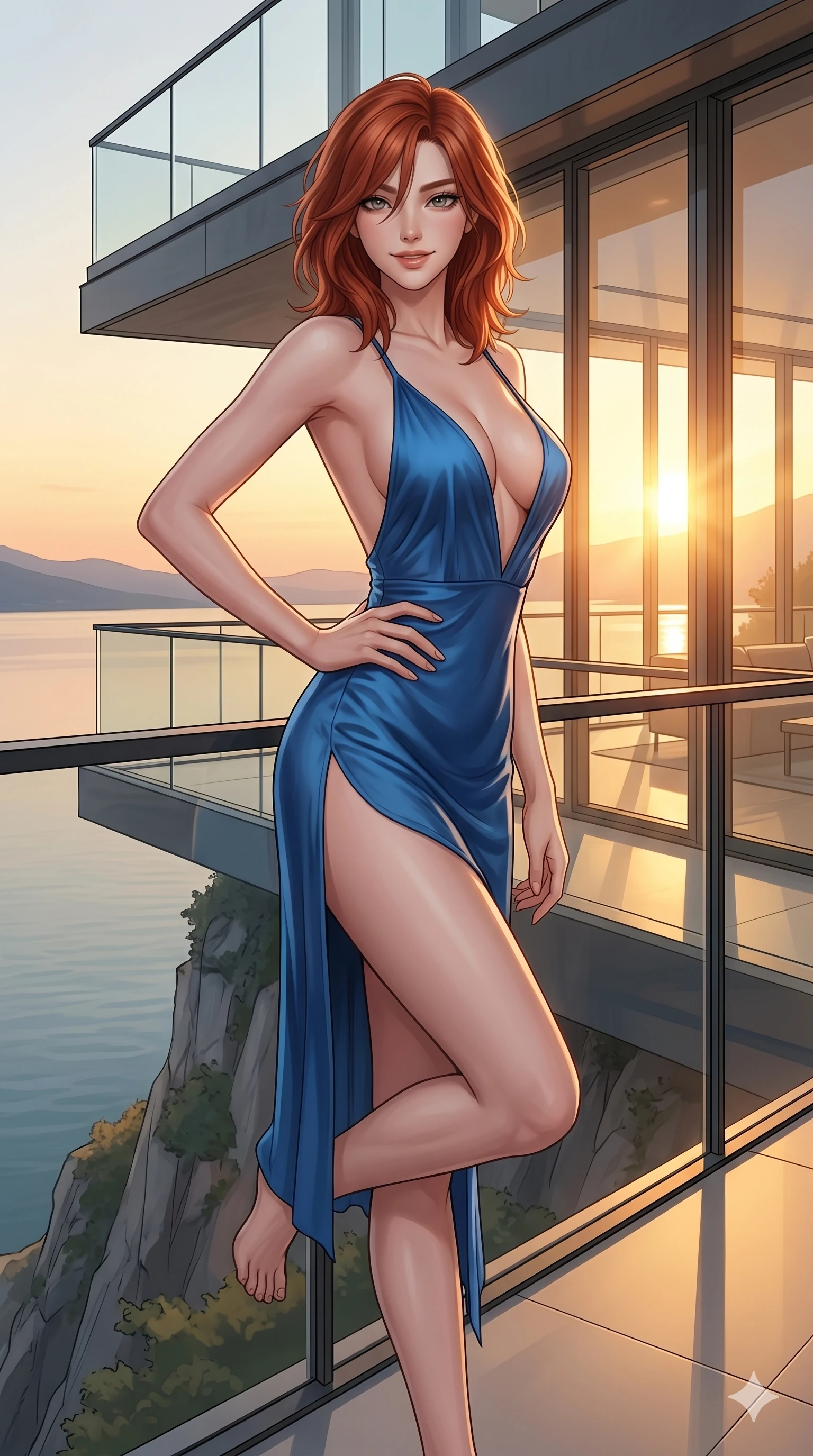 score_9, masterpiece, best quality, ultra-detailed, high-budget anime keyframe, editorial fashion photography, tasteful artistic composition, Korean woman. cowboy shot from the thighs up, character and outfit filling the frame for maximum editorial presence. resting one hand on the curve of her hip, arching her back gracefully with a confident, bedroom-eyes smile on a private viewing balcony of a modern architectural home built on a cliffside over a lake (Code-P013). She has an absolutely perfect 8-heads proportion, an exceptionally tall and slender female figure with impossibly long slender legs and an ultra-slim waist. V-shaped jawline, high-bridge nose, intricate jewel-like eyes with depth, thick eyelashes, glossy lips with a natural sheen. wearing a lightweight blue silk slip dress with an ultra-deep plunging neckline and a high side slit. bathed in warm, golden sunset light pouring through the windows, casting a warm glowing aura over her. 2k, ultra detail, master piece, 9:16 ratio