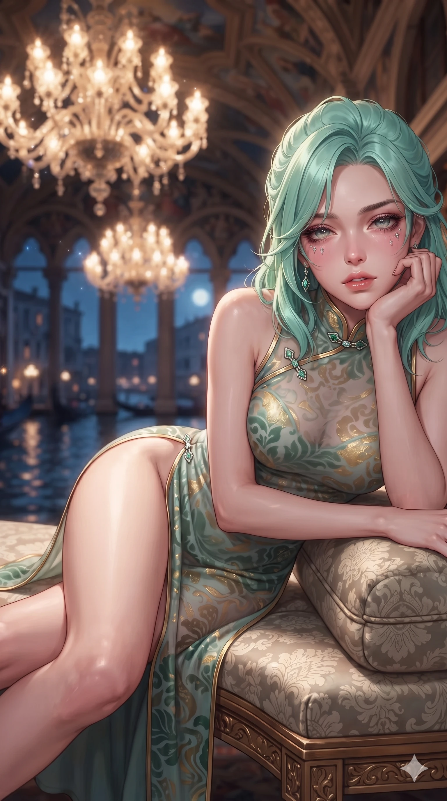 score_9, masterpiece, best quality, ultra-detailed, high-budget anime keyframe, editorial fashion photography, tasteful artistic composition, Japanese woman. close-up cowboy shot from the waist and thighs up, the character dominates the composition, filling the frame with her large presence. resting one elbow on the table and supporting her chin, leaning close to the camera with heavy-lidded sparkling eyes and parted lips while reclining gracefully across the damask-cushioned loggia bench propped on one elbow with legs extended, displaying her statuesque silhouette against the grand Venetian night. The background shows a soft-focus massive multi-tiered hand-blown Murano glass chandeliers, frescoed vaulted ceilings, and midnight canal waters blurred into ruby, amber, and deep sapphire bokeh. She has an exceptionally elegant, slender, and willowy female figure with an ultra-slim waist, flat toned midriff, narrow ribcage, and sculpted feminine hips creating an alluring, slim hourglass silhouette without bulk. sharp v-shaped jawline, high-bridge nose, intricate jewel-like sparkling eyes with depth, thick eyelashes, glossy parted lips with a natural sheen, intensely captivating and seductive bedroom-eyes expression, exuding both youthful cute charm and sovereign luxury allure, flawlessly proportioned anatomical accuracy, strict slender model proportions, natural body alignment, perfectly sculpted long slender limbs, ultra-slim waistline, clean dynamic posture without body distortion. wearing an alluring high-slit wrap cheongsam secured by miniature jeweled clasps and revealing the curve of her hip in celadon jade and antique gold-leaf, made of sheer contouring power-mesh with velvet flocking patterns, finished with sleek jade frog closures glinting along her high collar, the glove-like clinging cut tightly following the natural contour of her hips and long slender legs with youthful 8.5-heads elegance. bathed in the warm, sparkling amber-crystal brilliance of interior Murano chandeliers contrasting with cool midnight blue moonlight outside. ultra-reflective glossy finish, specular highlights, rich textural contrasts, high-contrast stereoscopic depth, volumetric dynamic lighting, 2k, ultra detail, master piece, 9:16 ratio