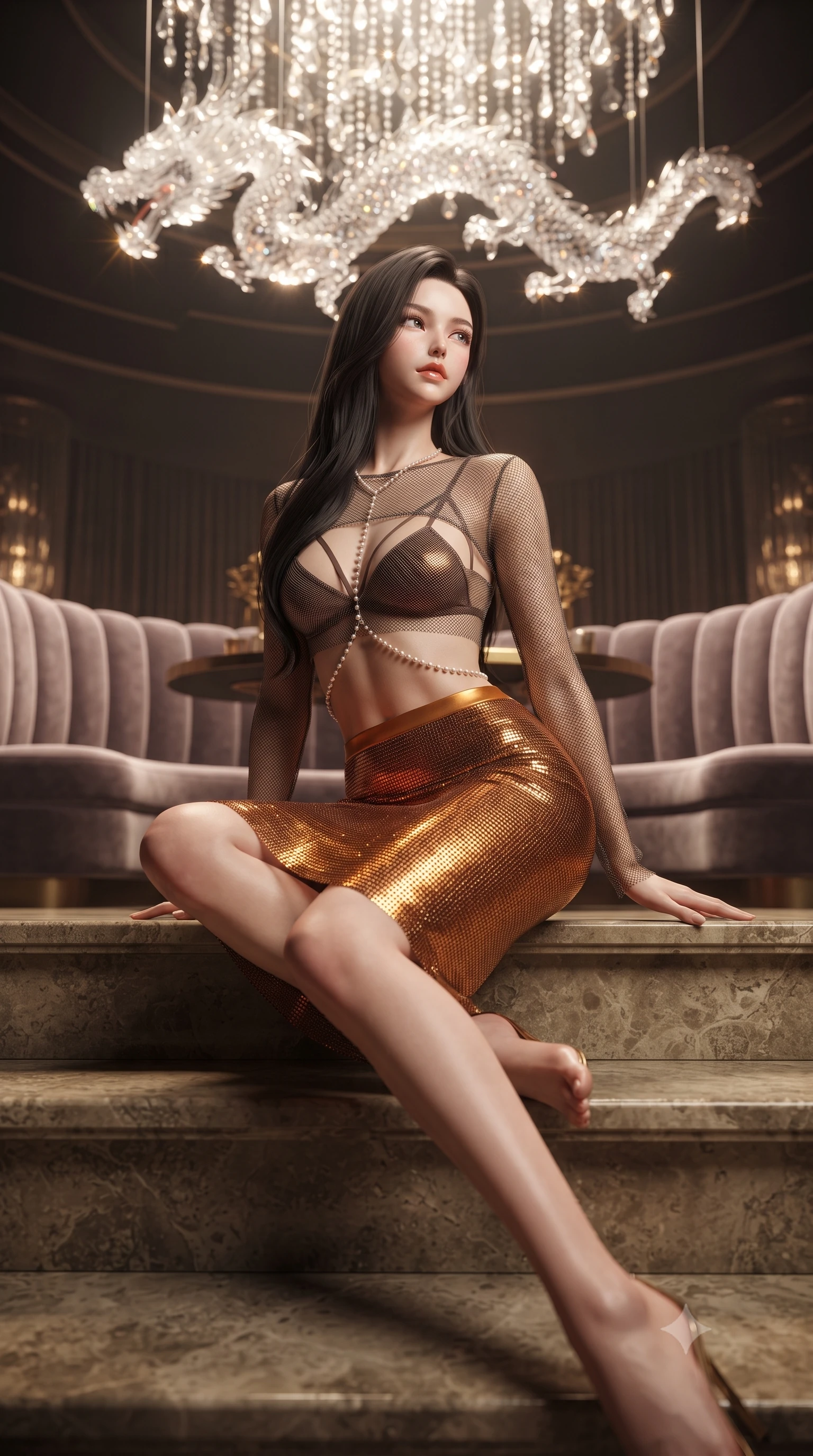 score_9, masterpiece, best quality, ultra-detailed, high-budget anime keyframe, editorial fashion photography, tasteful artistic composition, Korean woman. low angle full-body shot from head to toe showing her feet, filling the entire 9:16 vertical frame with her statuesque presence, stretching her vertical silhouette. sitting poised on the stone steps with one knee bent, arching her spine with supermodel elegance as she glances upward through thick eyelashes while twisting her slender torso in an alluring contrapposto stance beneath the undulating crystal dragon sculpture suspended overhead. The background shows a soft-focus curved velvet bar banquettes softened in ultra-luxury nightlife shallow focus. She has an absolutely perfect, statuesque 8.5-heads proportion, an exceptionally tall and slender model-like female figure with impossibly long slender legs, an ultra-slim waist, a flat toned midriff, narrow delicate ribcage, and beautifully sculpted feminine hips creating a graceful, slim hourglass silhouette without any bulky heaviness. sharp v-shaped jawline, high-bridge nose, sparkling eyes with hypnotic seductive depth, thick curled eyelashes, glossy parted lips with a natural dewy peach sheen, alluring bedroom-eyes with an enchanting coquettish smile, exuding magnetic siren charisma and sophisticated glamour, flawlessly proportioned anatomical accuracy, strict slender model proportions, natural body alignment, perfectly sculpted long slender limbs, ultra-slim waistline, clean dynamic posture without body distortion. wearing a delicate sheer mesh long-sleeve crop top layered over an opaque strappy micro-bralette and tight metallic skirt in warm amber honey and antique terracotta with gilded bronze, crafted from shimmering fluid chainmail mesh reflecting ambient casino lights, finished with a pearl-drop body harness subtly framing her dewy collarbones and spine, the form-contouring silhouette accentuating her sculpted flat midriff, narrow delicate ribcage, and gracefully curvy hips with intoxicating allure. illuminated by crystal chandelier refractions and sharp warm-gold rim lights sculpting her jawline, ultra-slim waist, and curvy hips. ultra-reflective glossy finish, specular highlights, rich textural contrasts, high-contrast stereoscopic depth, volumetric dynamic lighting, 2k, ultra detail, master piece, 9:16 ratio